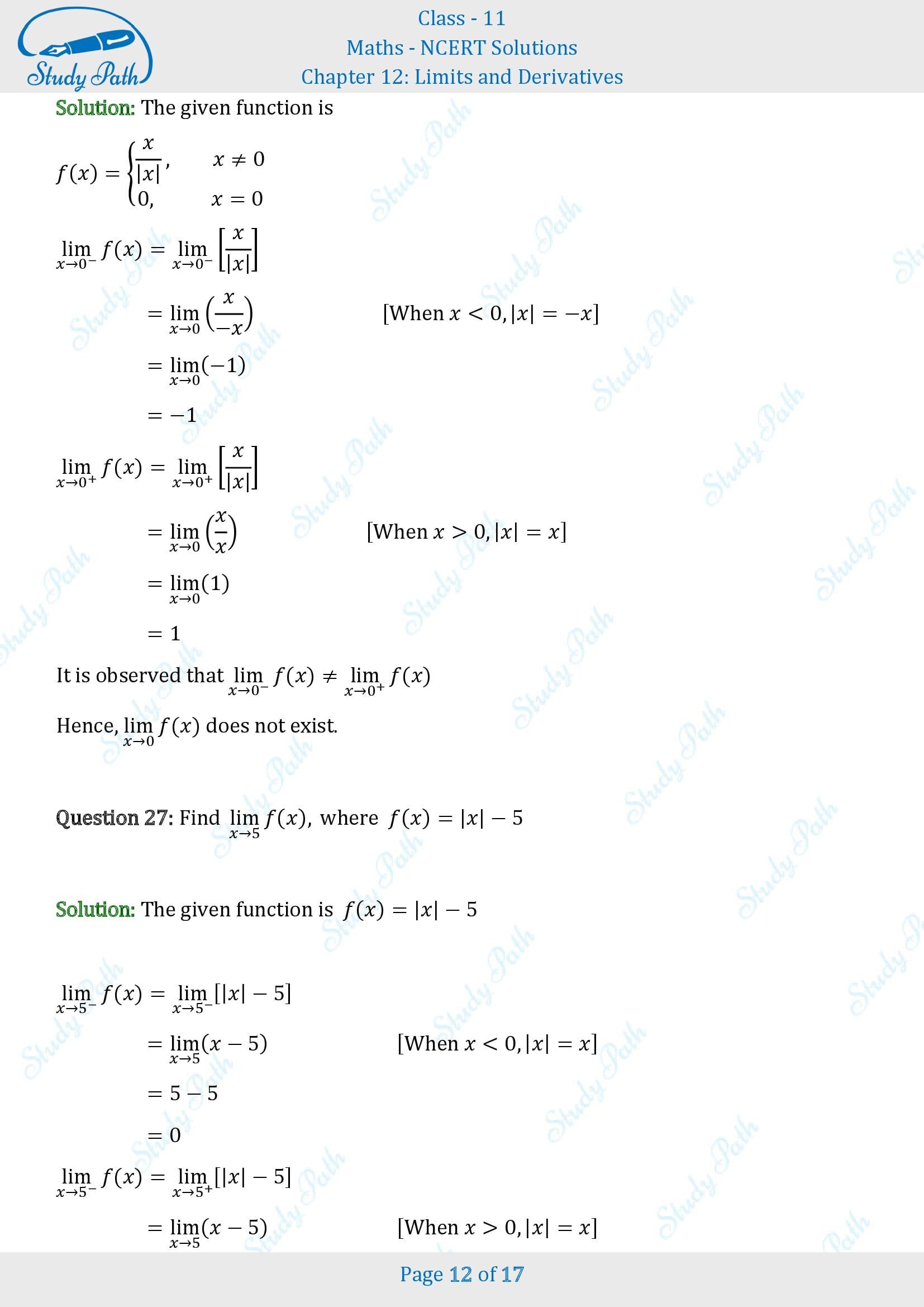 NCERT Solutions for Class 11 Maths Chapter 12 Limits and Derivatives Exercise 12.1 00012