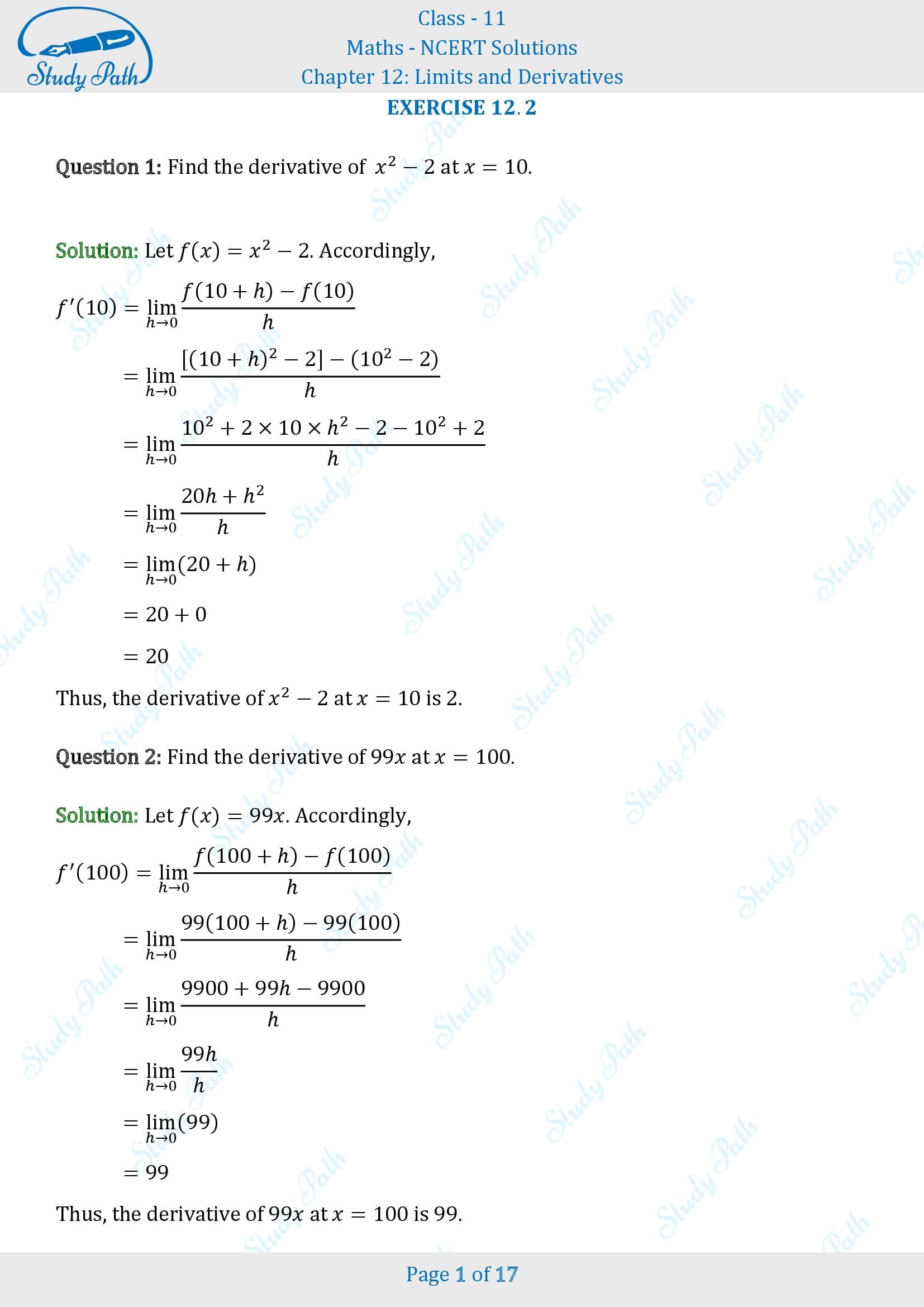 NCERT Solutions for Class 11 Maths Chapter 12 Limits and Derivatives Exercise 12.2 00001