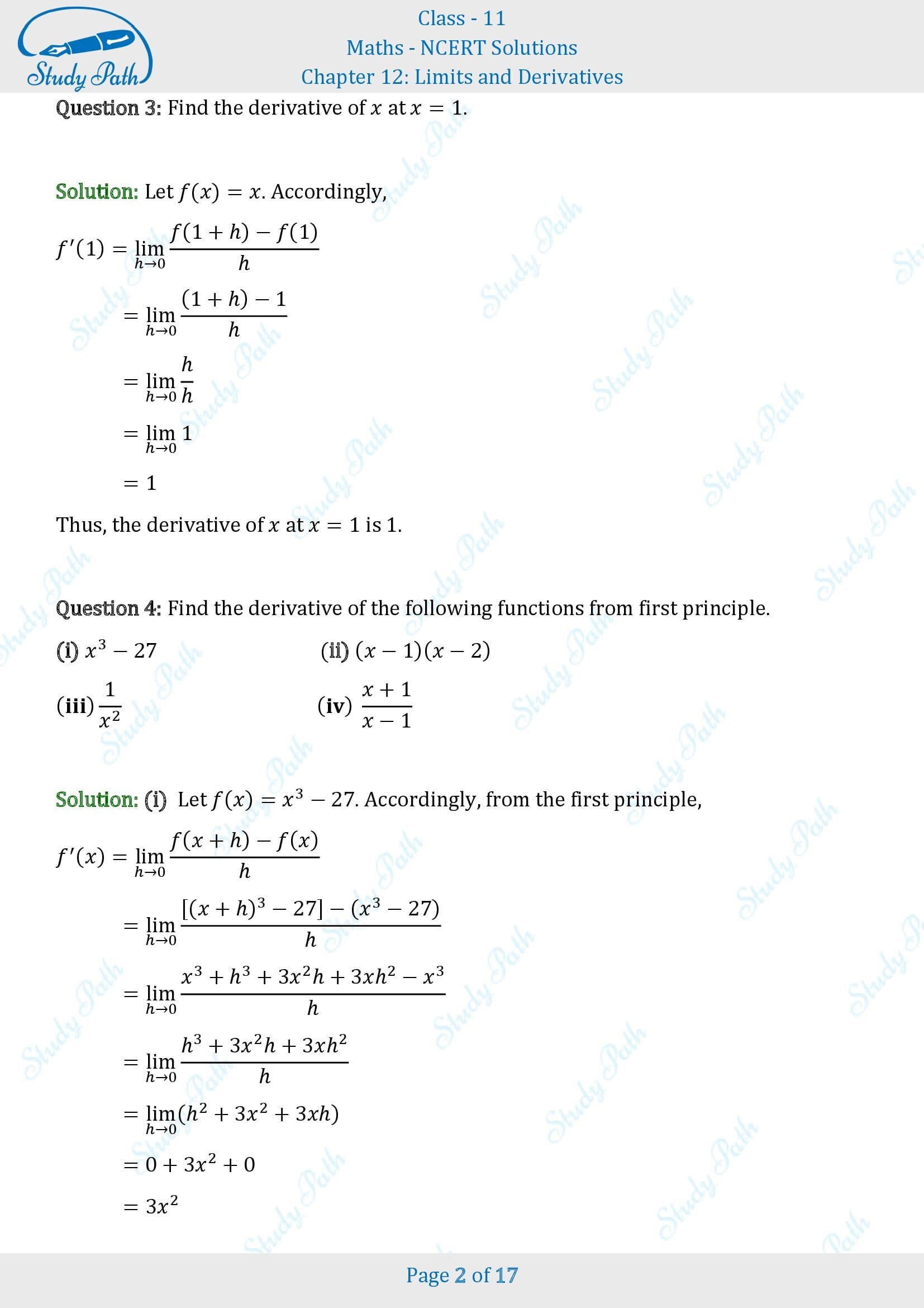 NCERT Solutions for Class 11 Maths Chapter 12 Limits and Derivatives Exercise 12.2 00002