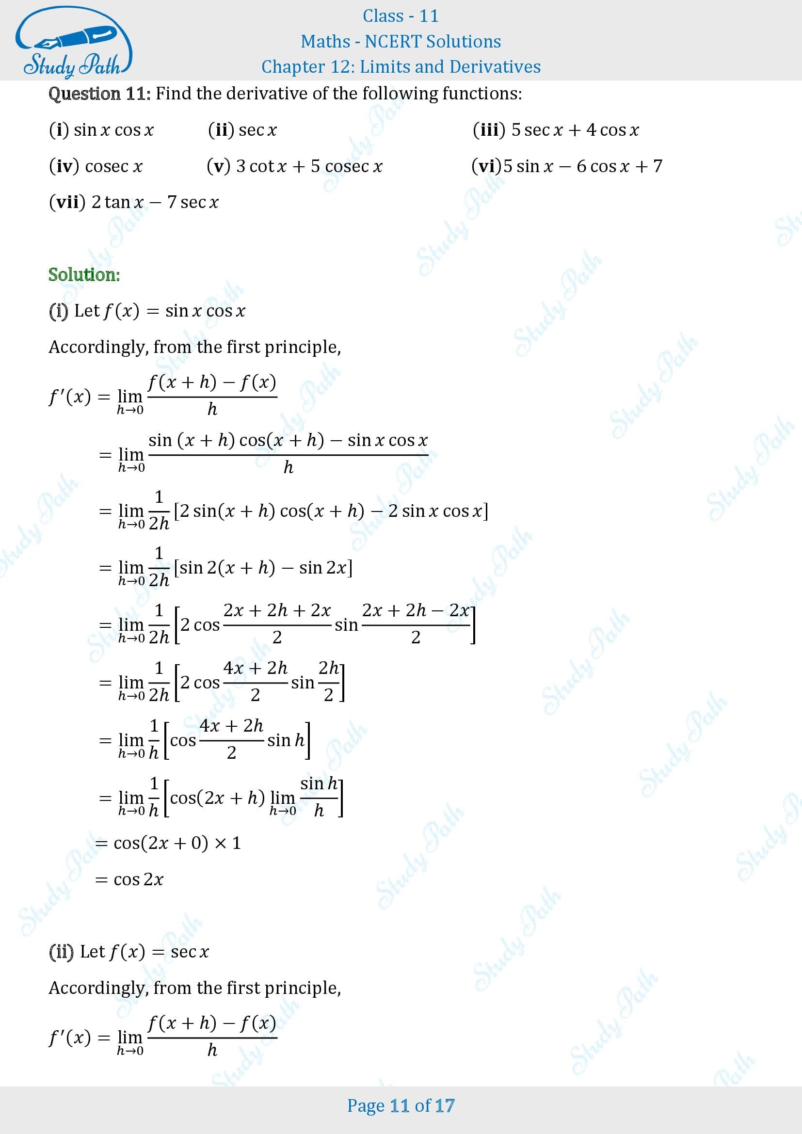 NCERT Solutions for Class 11 Maths Chapter 12 Limits and Derivatives Exercise 12.2 00011