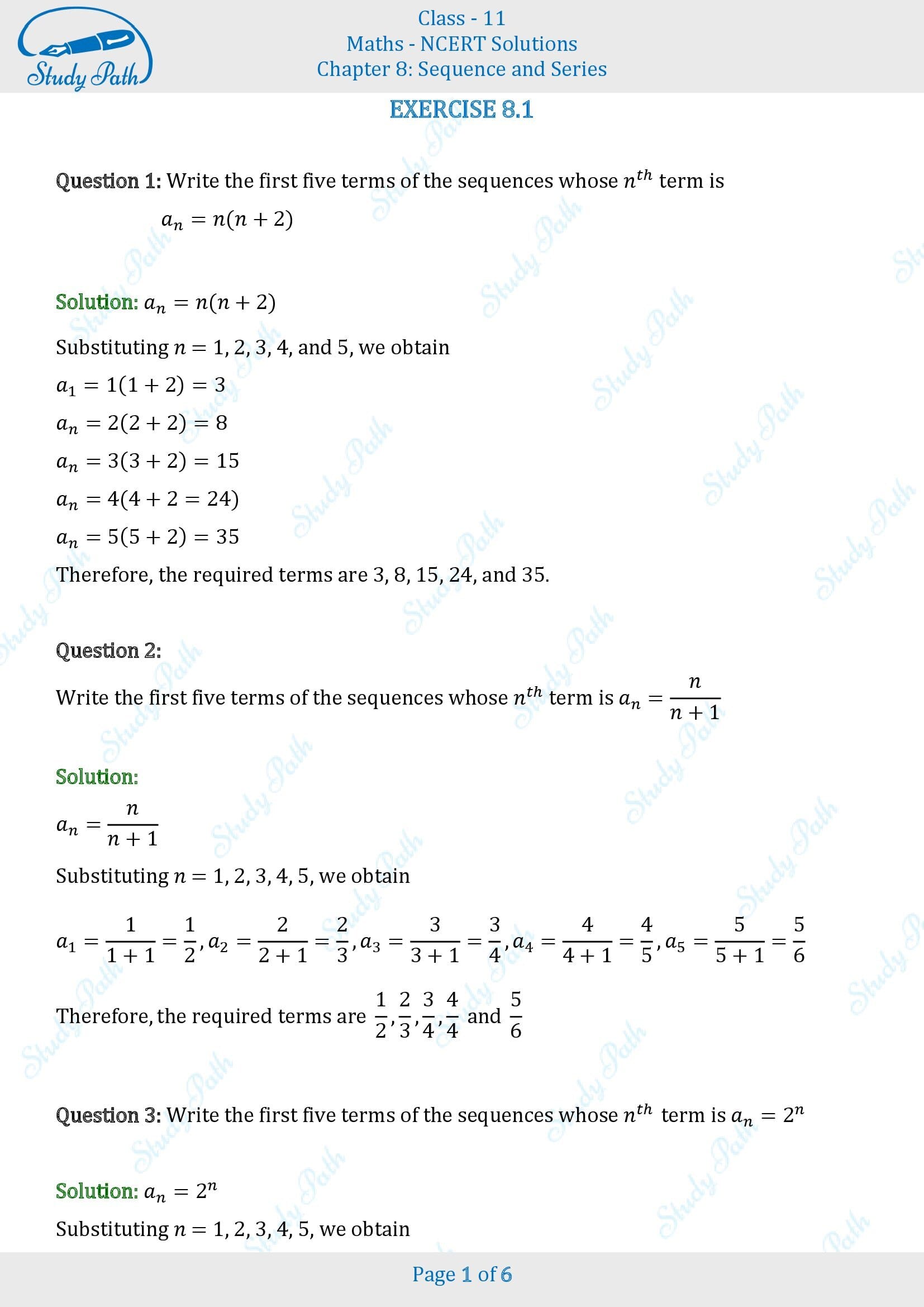 NCERT Solutions for Class 11 Maths Chapter 8 Sequences and Series Exercise 8.1 00001