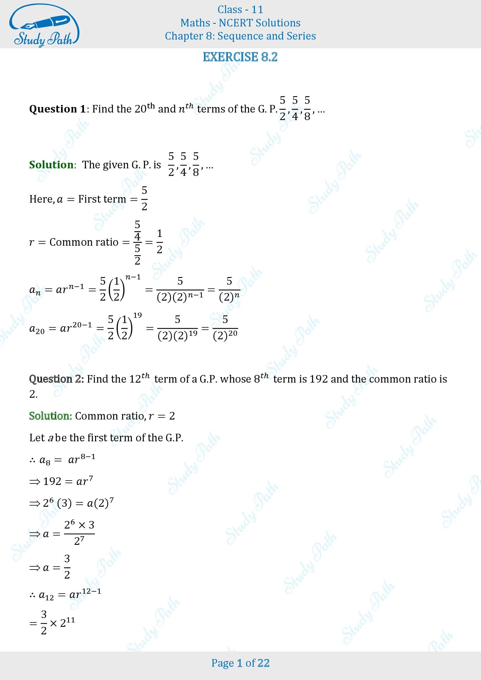 NCERT Solutions for Class 11 Maths Chapter 8 Sequences and Series Exercise 8.2 00001