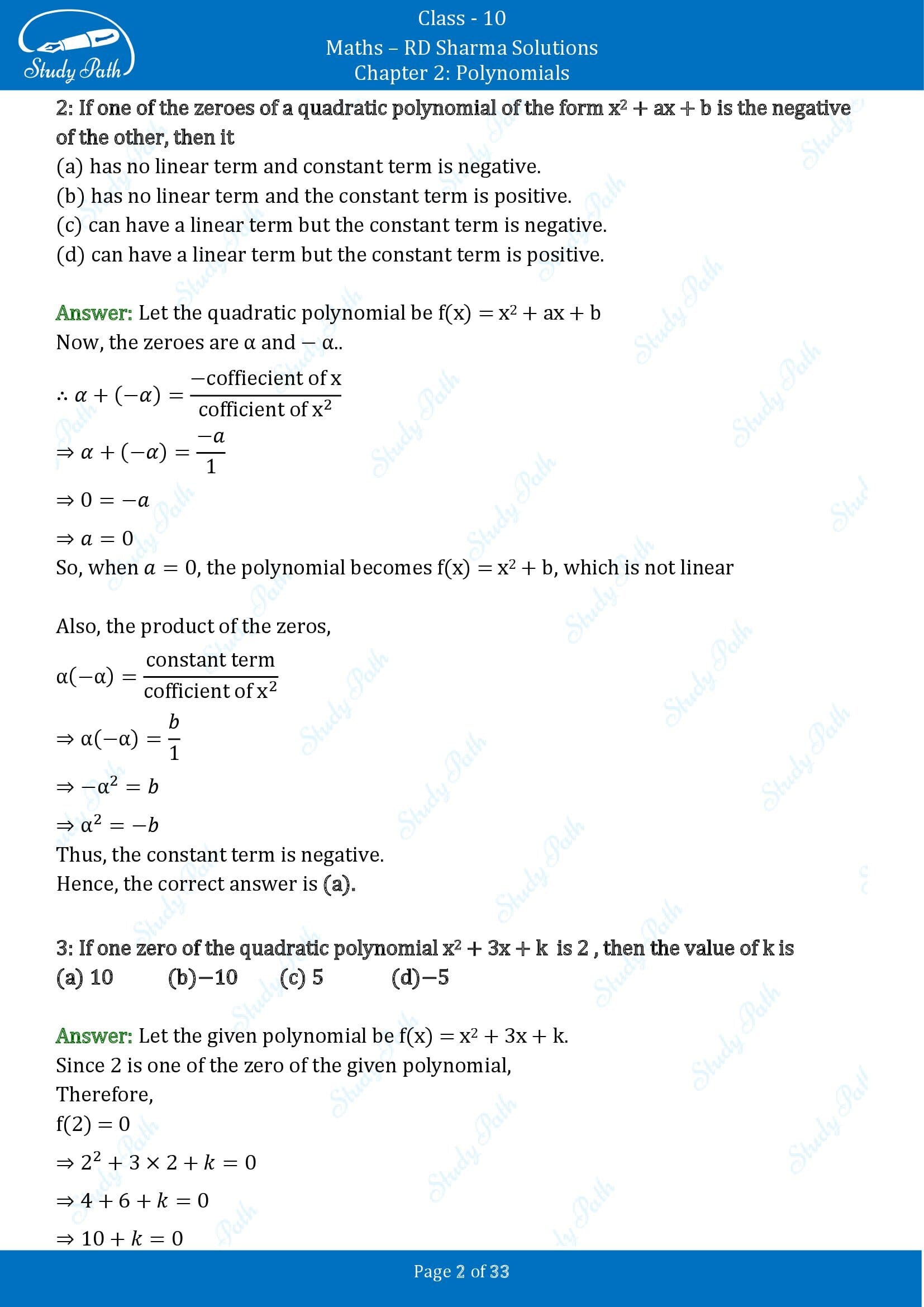 RD Sharma Solutions Class 10 Chapter 2 Polynomials Multiple Choice Questions MCQs 00002