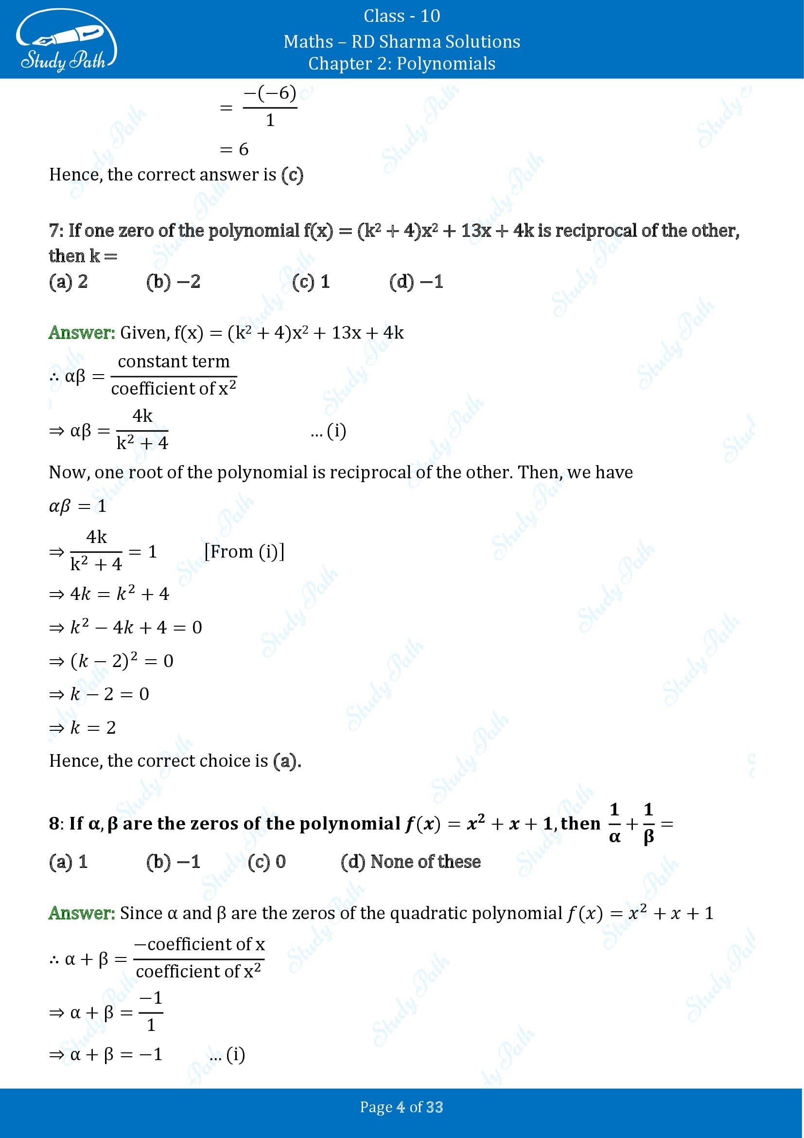 RD Sharma Solutions Class 10 Chapter 2 Polynomials Multiple Choice Questions MCQs 00004