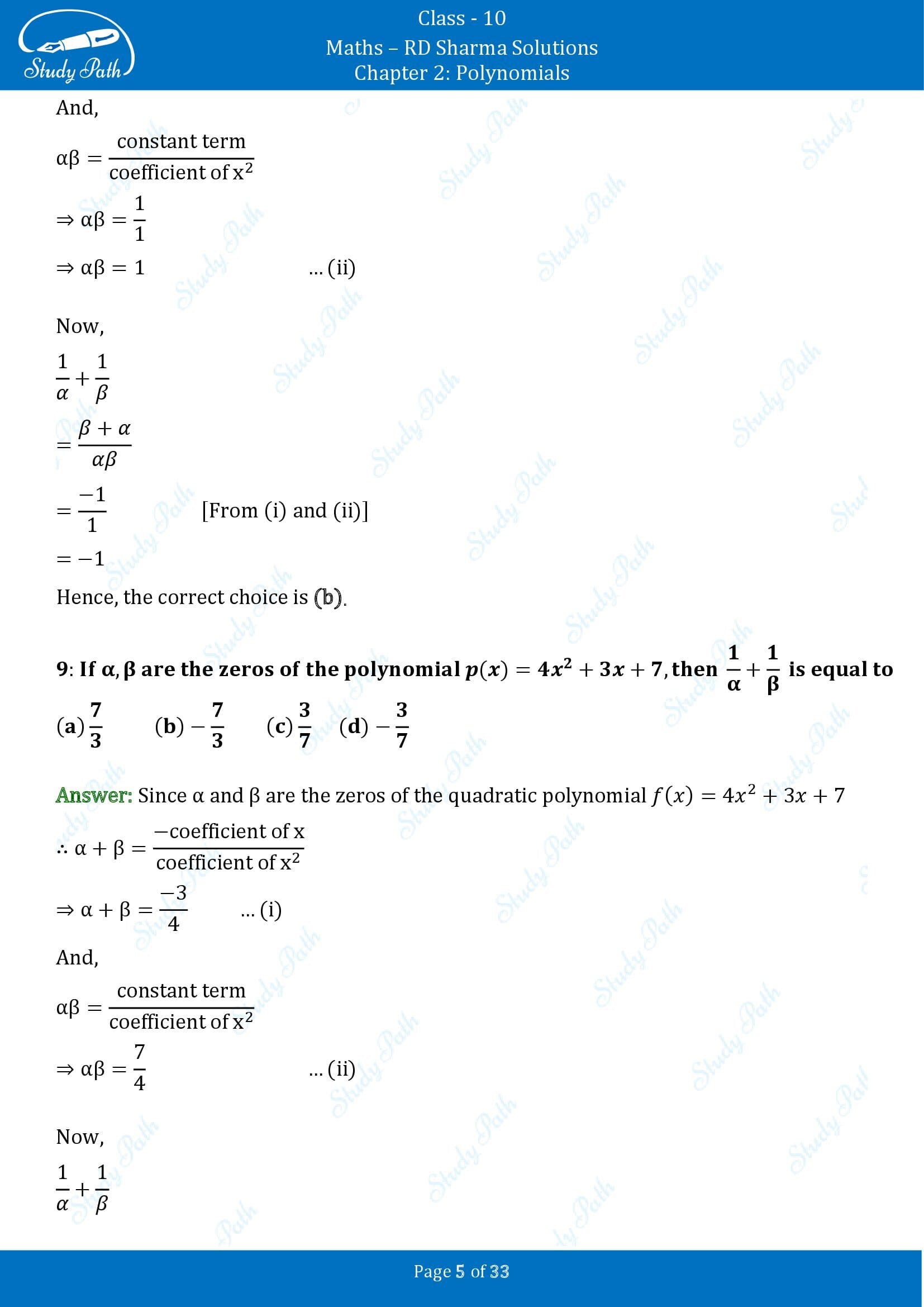 RD Sharma Solutions Class 10 Chapter 2 Polynomials Multiple Choice Questions MCQs 00005