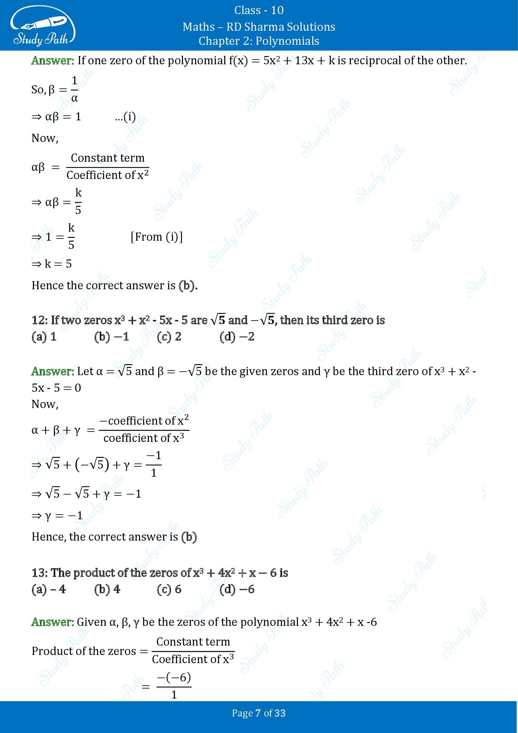 RD Sharma Solutions Class 10 Chapter 2 Polynomials Multiple Choice Questions MCQs 00007