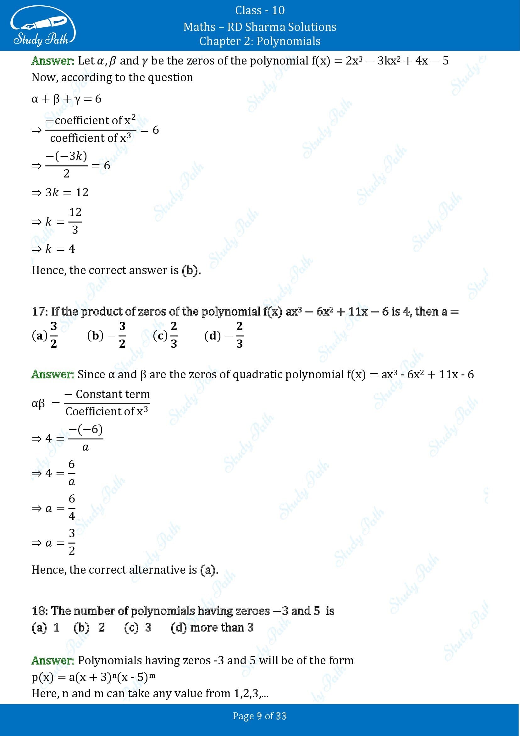 RD Sharma Solutions Class 10 Chapter 2 Polynomials Multiple Choice Questions MCQs 00009