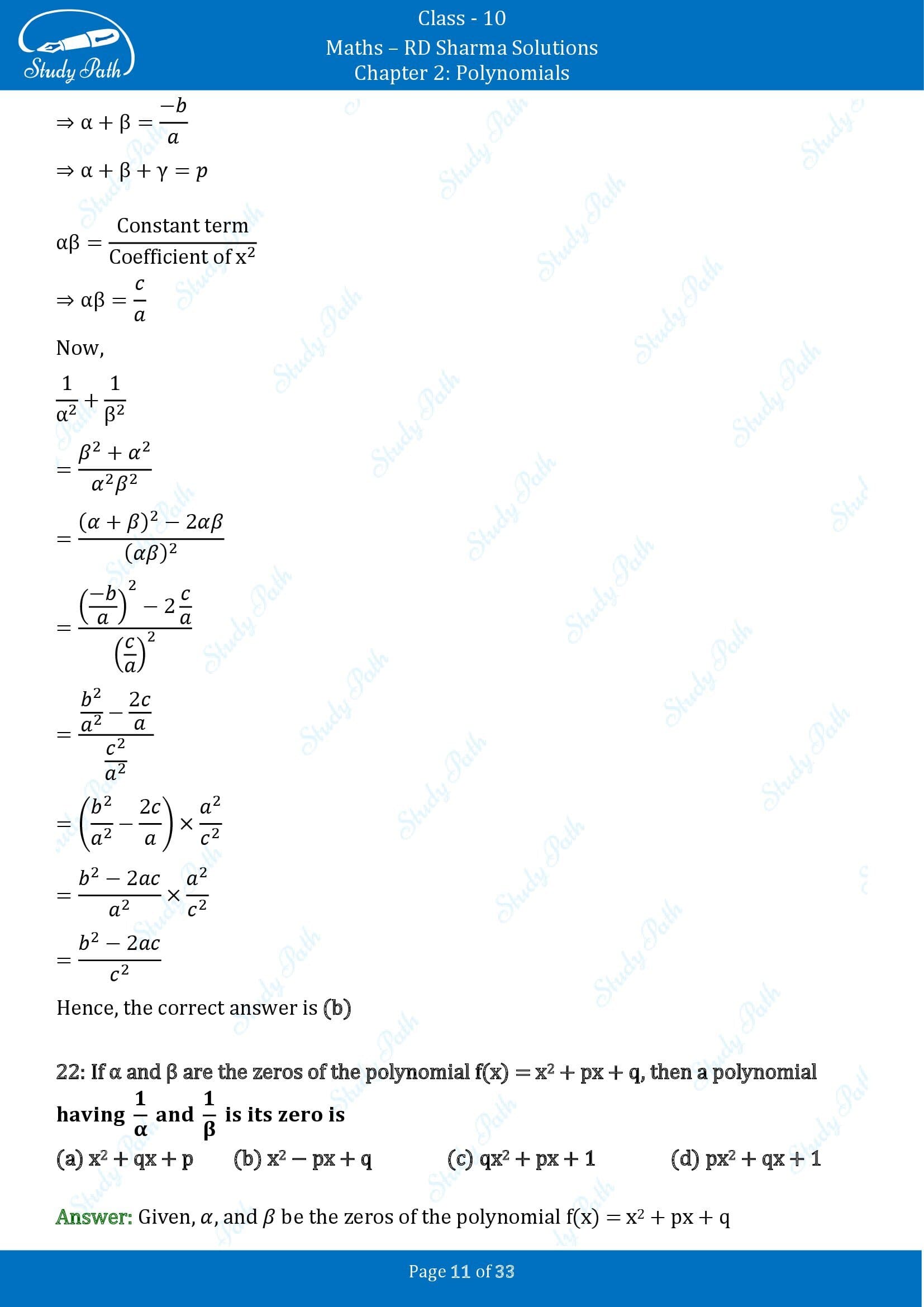 RD Sharma Solutions Class 10 Chapter 2 Polynomials Multiple Choice Questions MCQs 00011