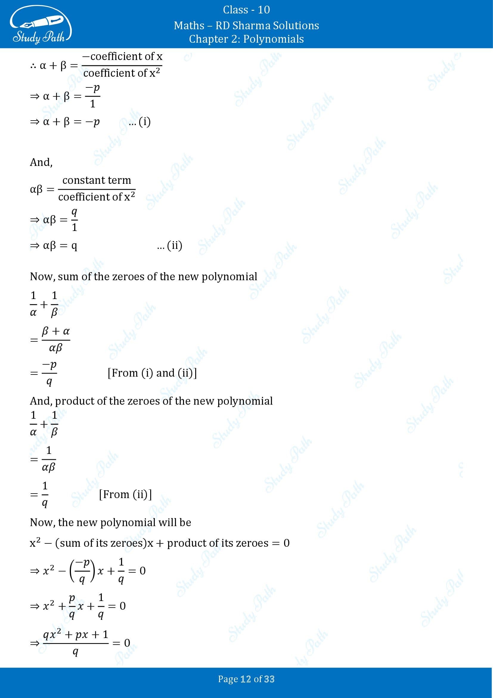 RD Sharma Solutions Class 10 Chapter 2 Polynomials Multiple Choice Questions MCQs 00012