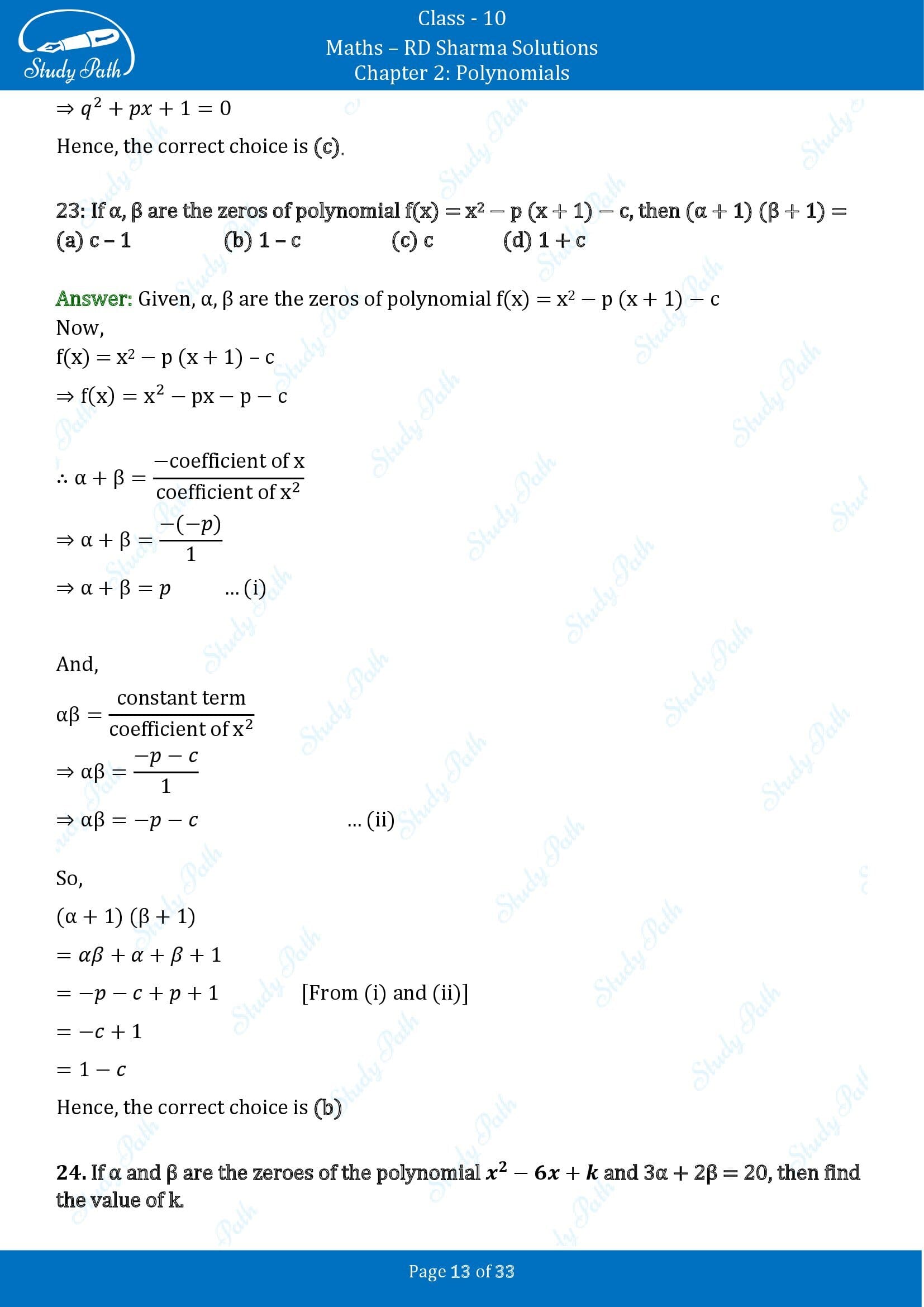 RD Sharma Solutions Class 10 Chapter 2 Polynomials Multiple Choice Questions MCQs 00013