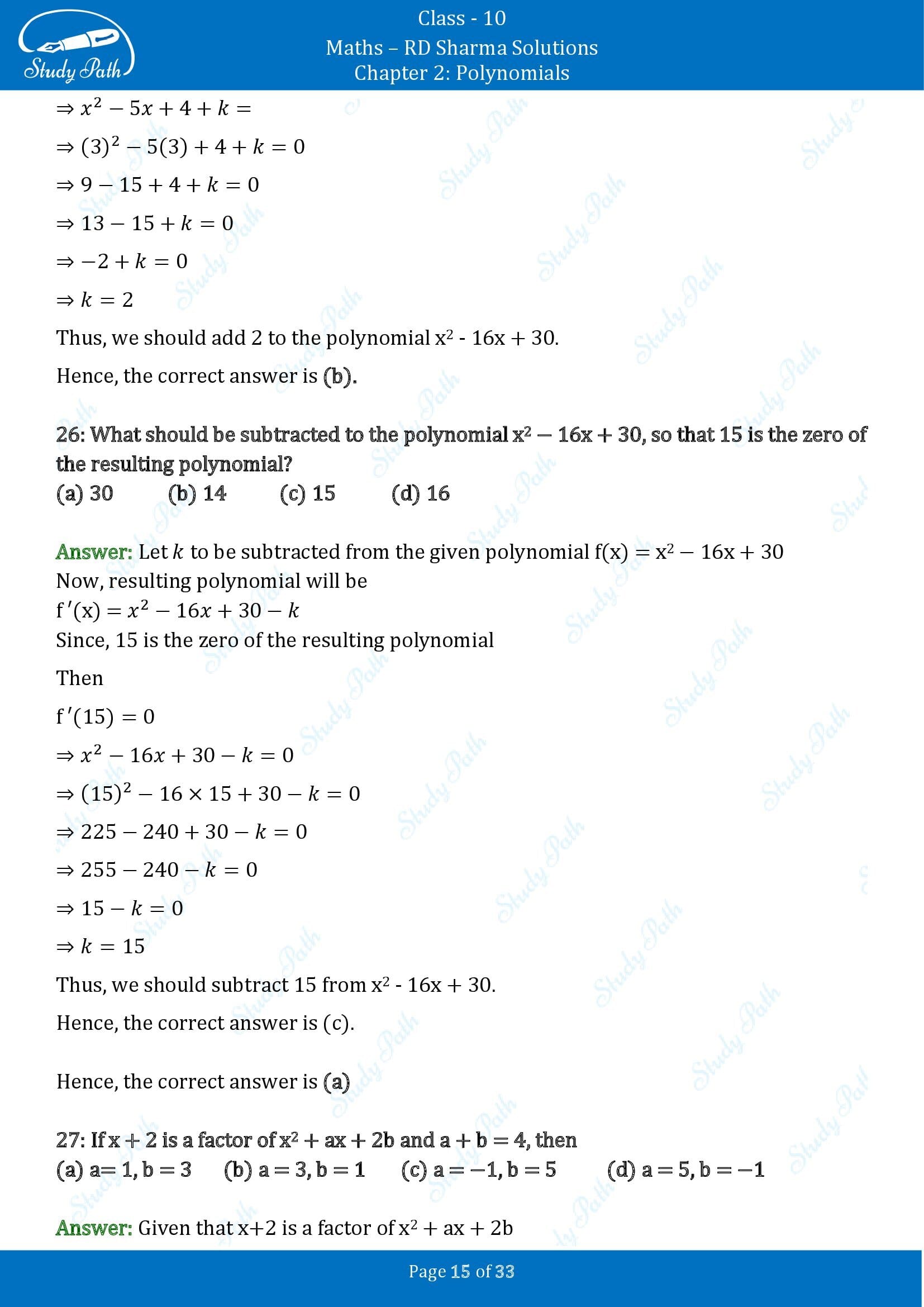 RD Sharma Solutions Class 10 Chapter 2 Polynomials Multiple Choice Questions MCQs 00015