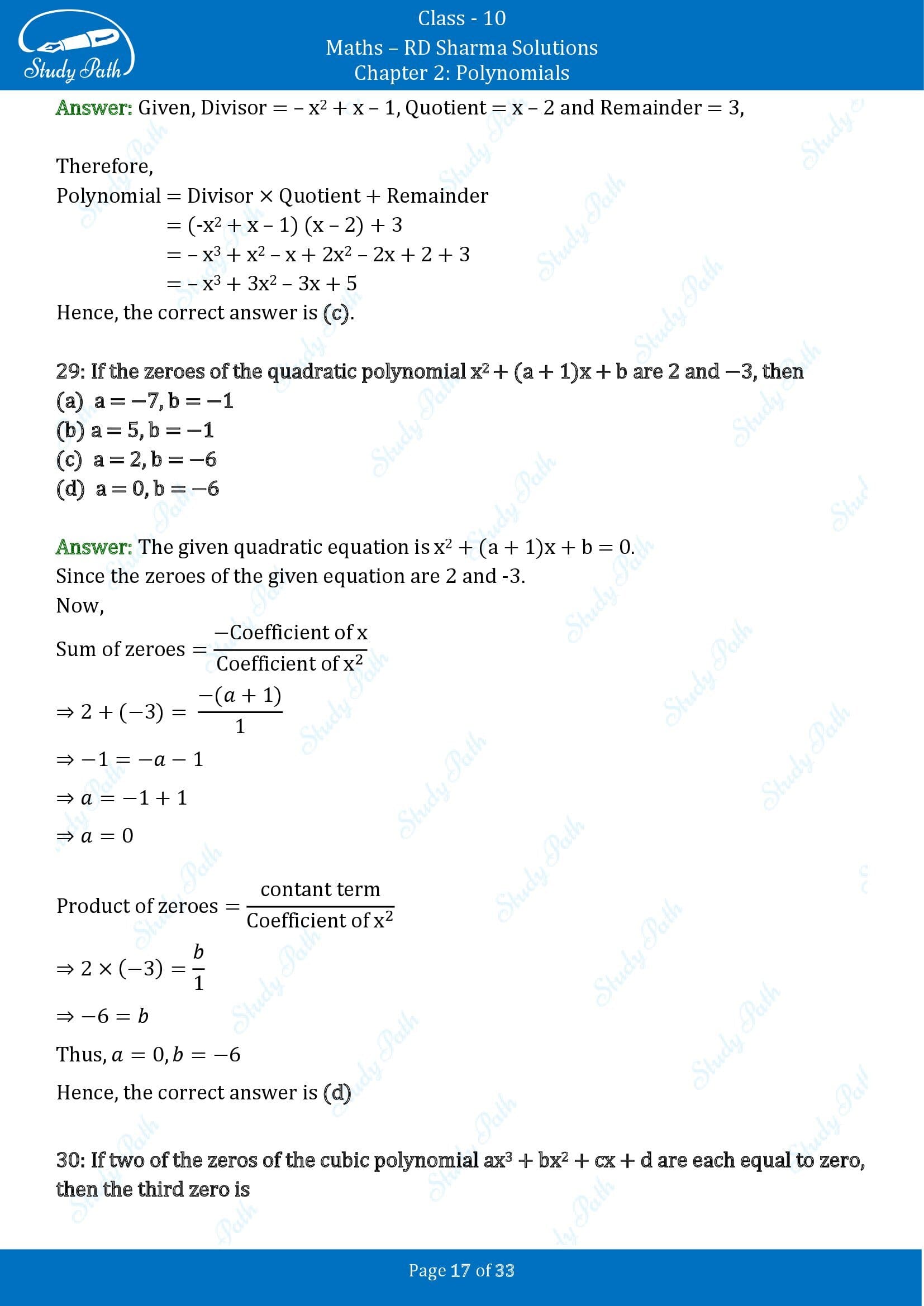 RD Sharma Solutions Class 10 Chapter 2 Polynomials Multiple Choice Questions MCQs 00017