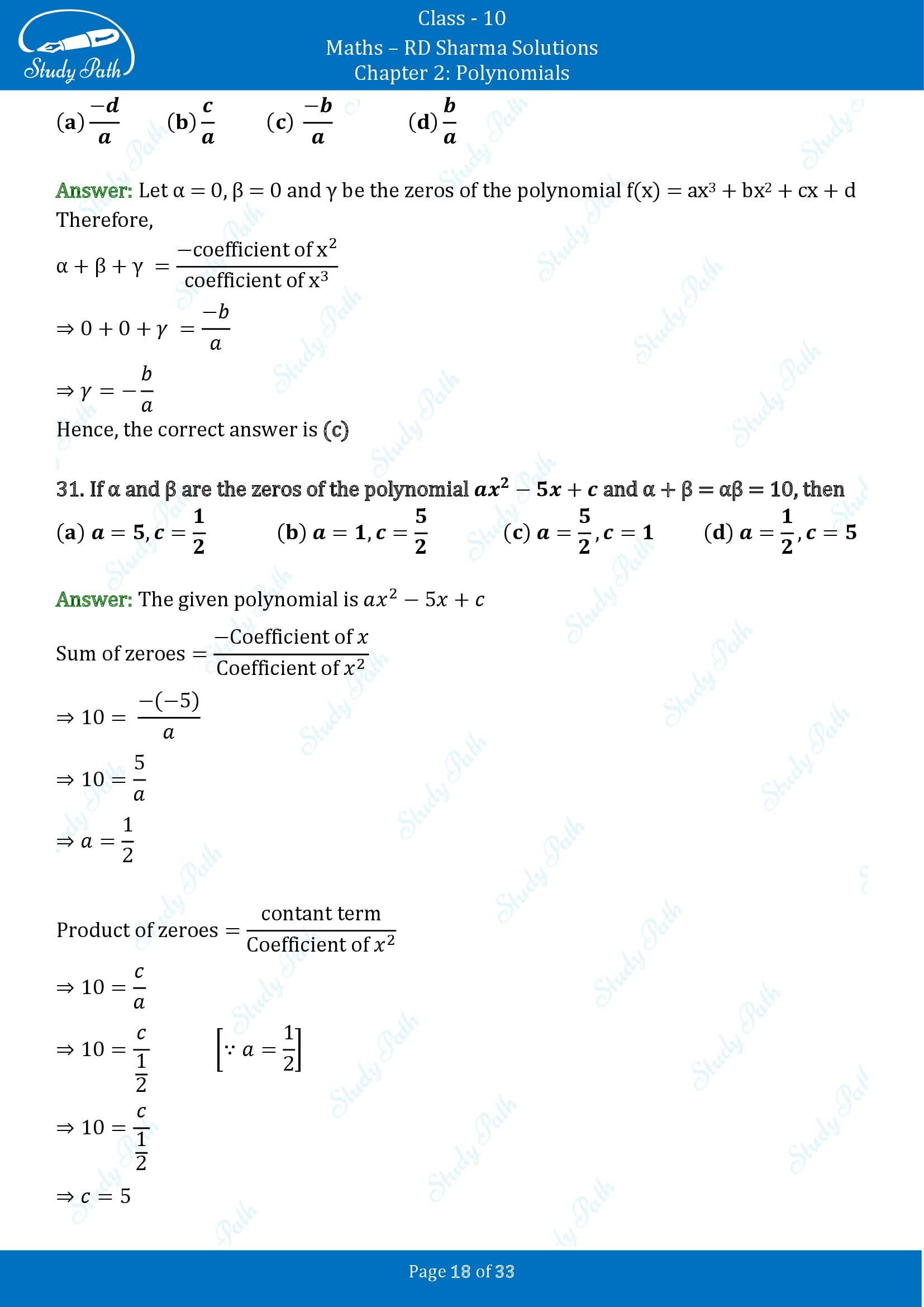 RD Sharma Solutions Class 10 Chapter 2 Polynomials Multiple Choice Questions MCQs 00018