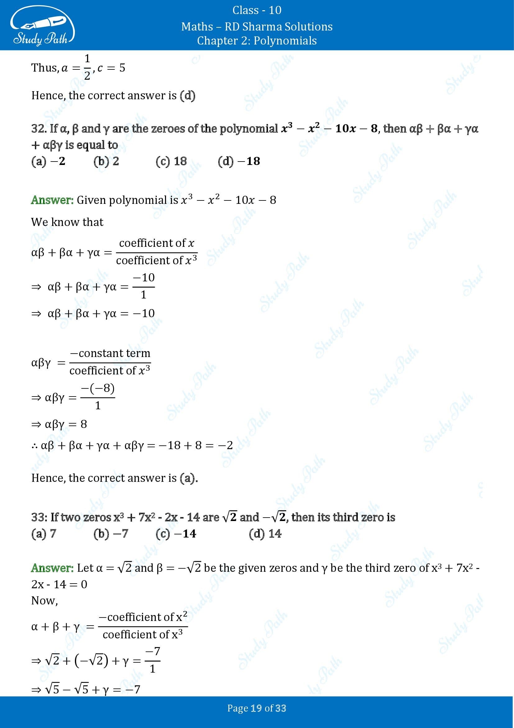 RD Sharma Solutions Class 10 Chapter 2 Polynomials Multiple Choice Questions MCQs 00019