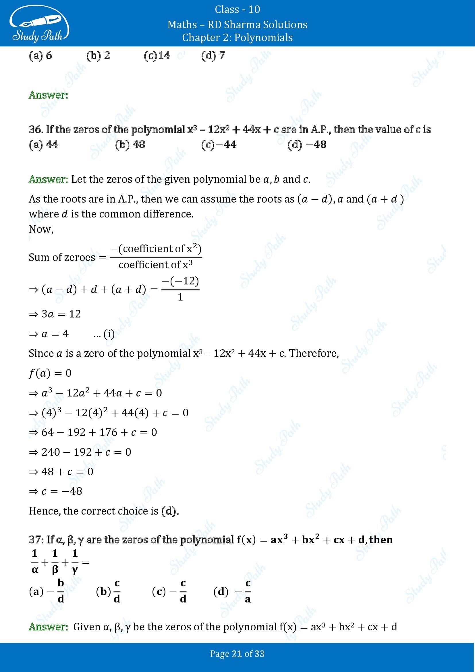 RD Sharma Solutions Class 10 Chapter 2 Polynomials Multiple Choice Questions MCQs 00021