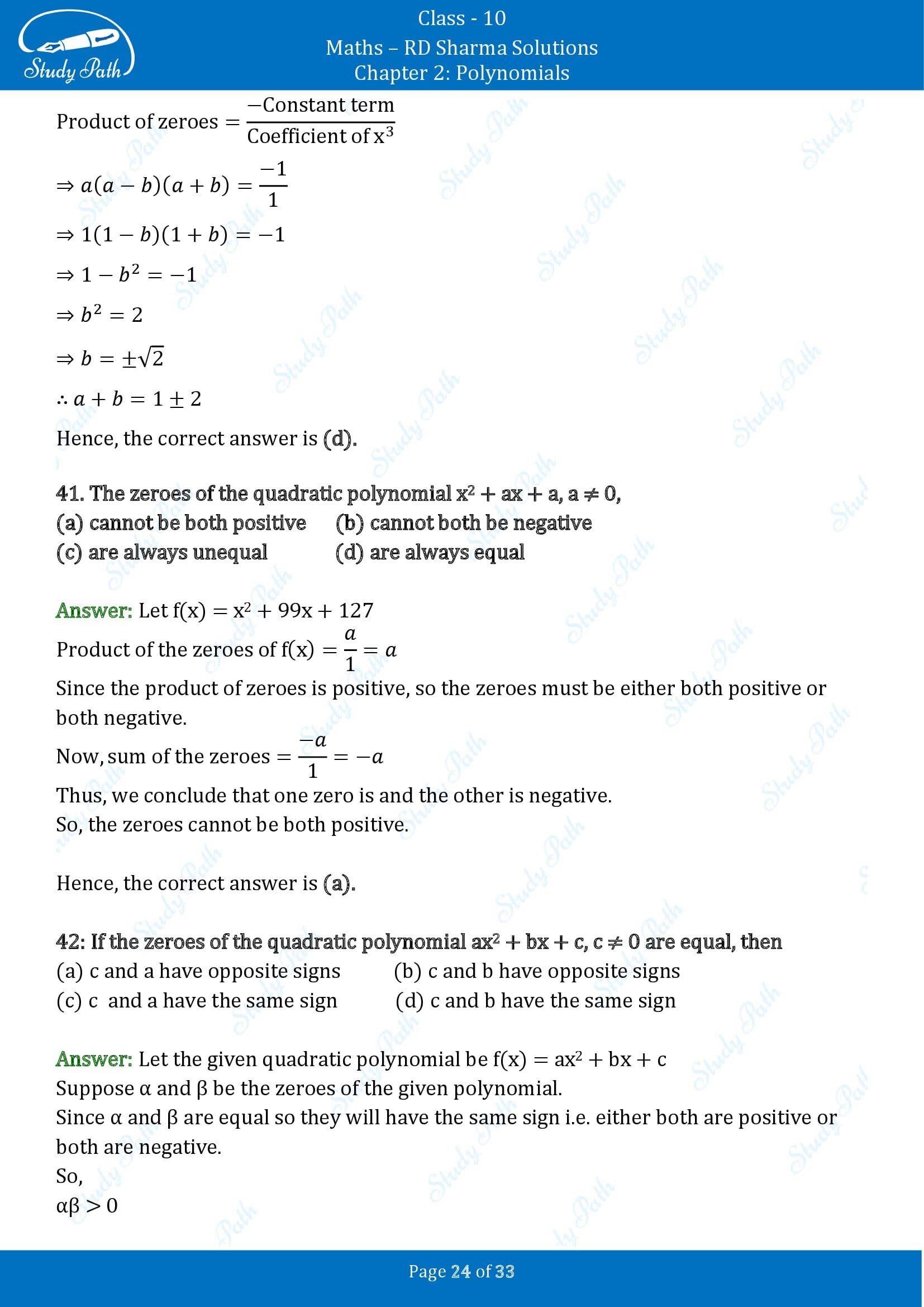 RD Sharma Solutions Class 10 Chapter 2 Polynomials Multiple Choice Questions MCQs 00024