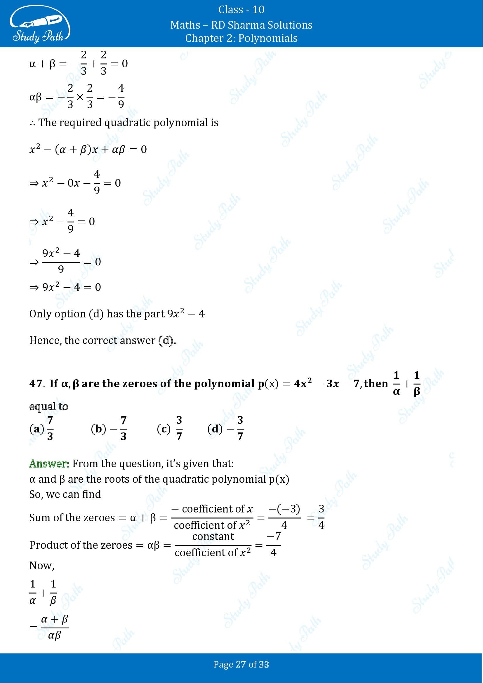 RD Sharma Solutions Class 10 Chapter 2 Polynomials Multiple Choice Questions MCQs 00027