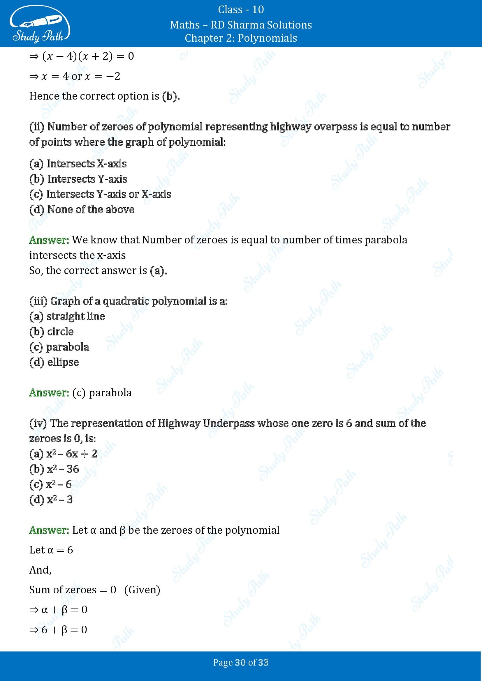 RD Sharma Solutions Class 10 Chapter 2 Polynomials Multiple Choice Questions MCQs 00030