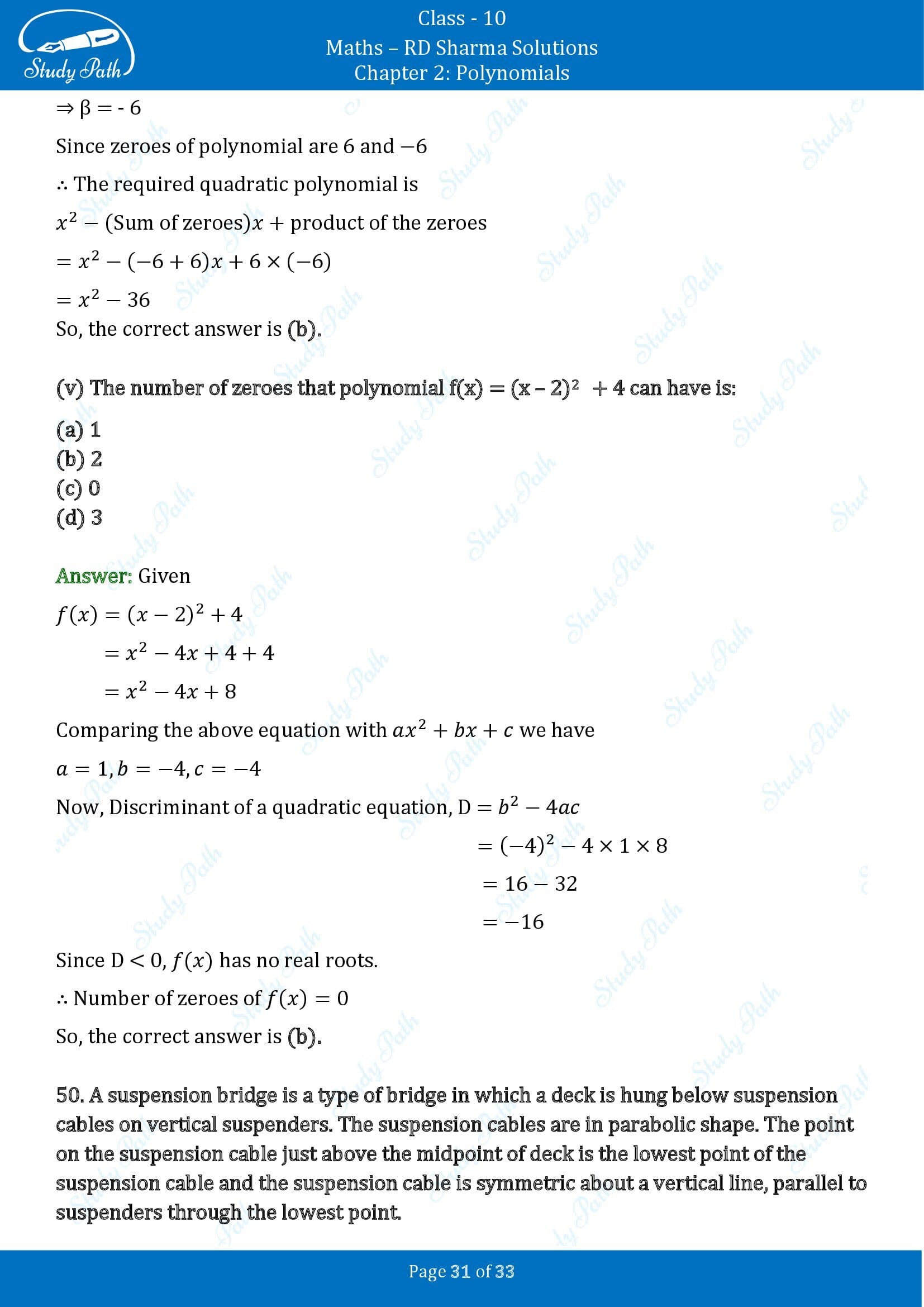 RD Sharma Solutions Class 10 Chapter 2 Polynomials Multiple Choice Questions MCQs 00031