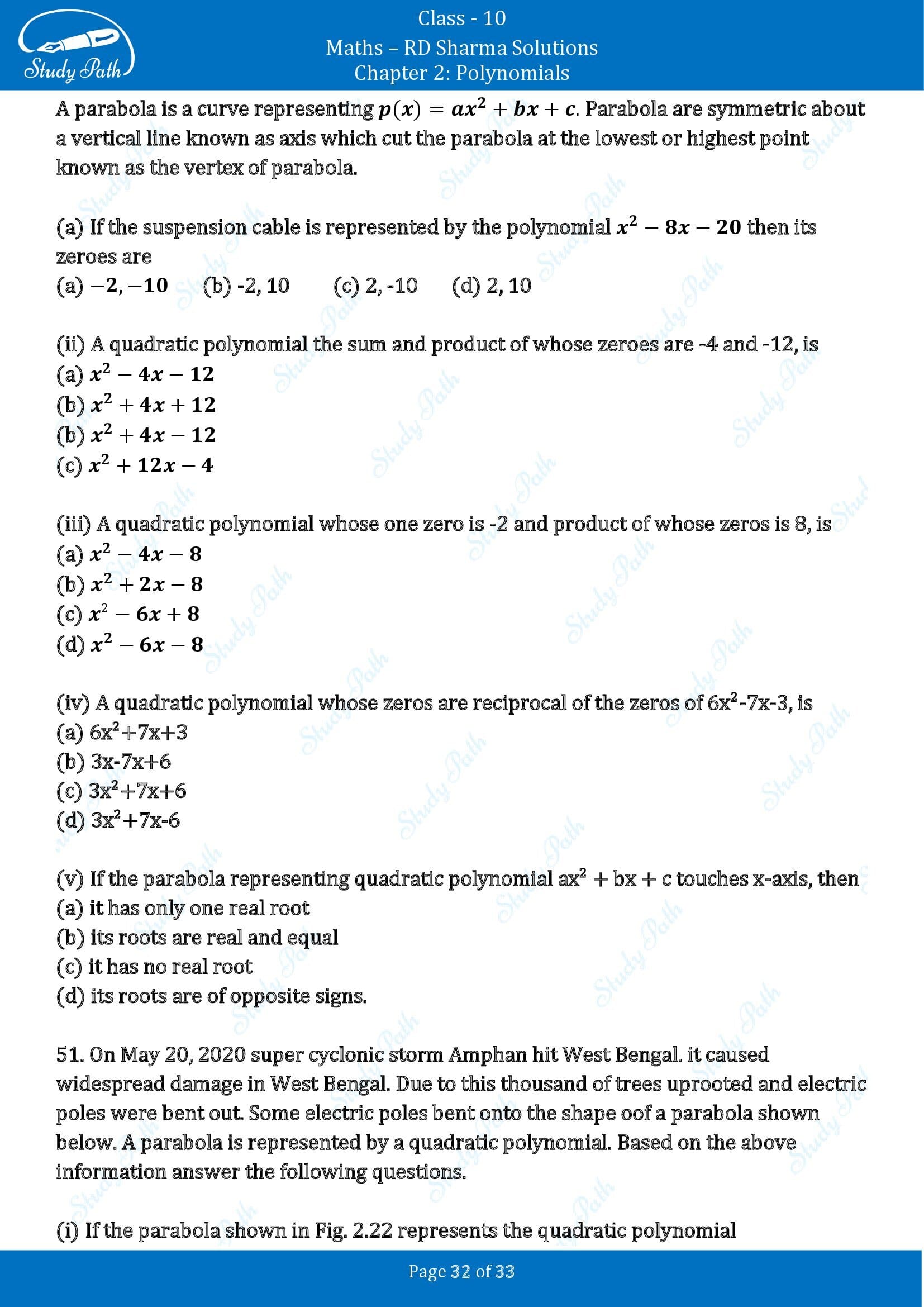 RD Sharma Solutions Class 10 Chapter 2 Polynomials Multiple Choice Questions MCQs 00032