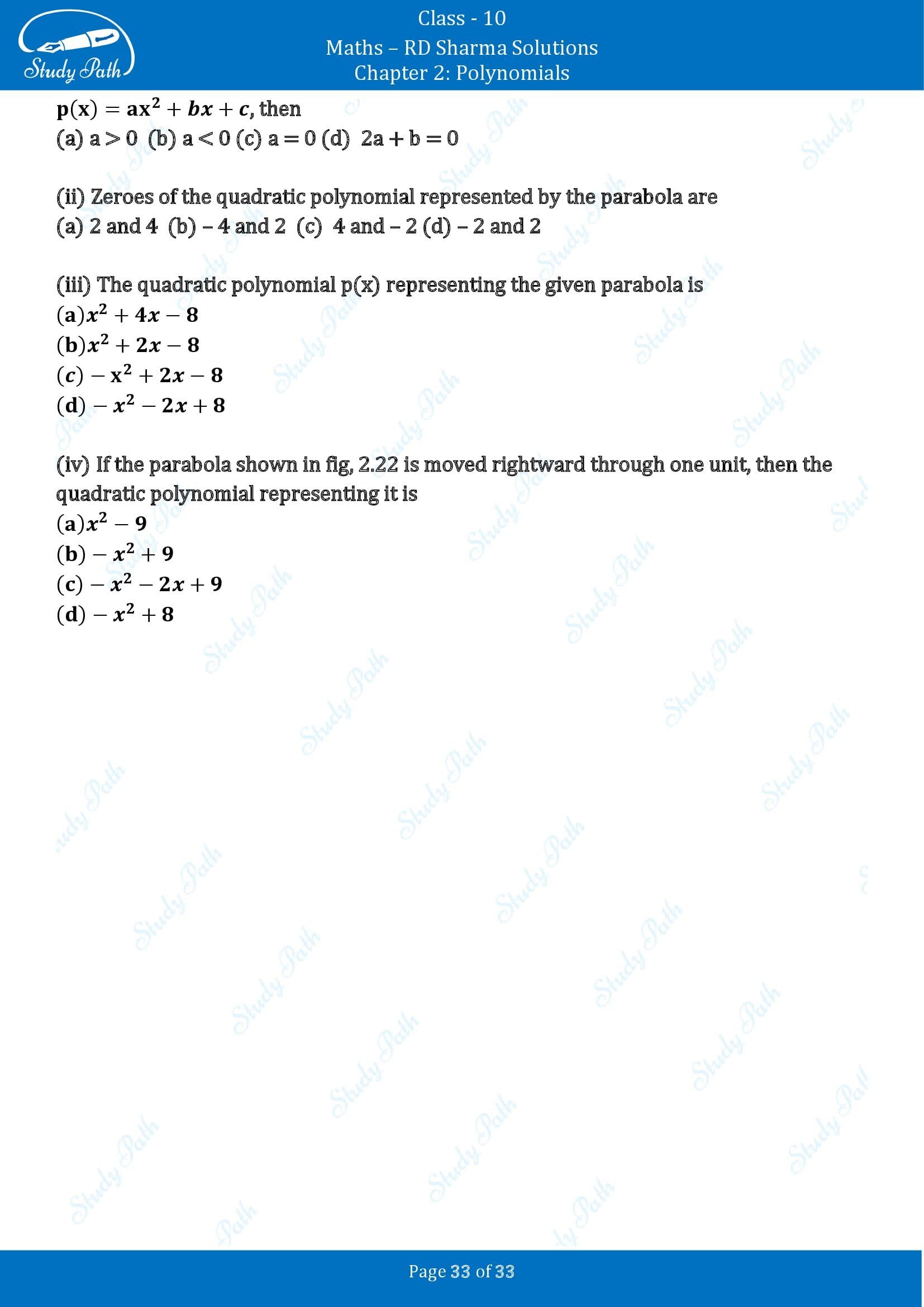 RD Sharma Solutions Class 10 Chapter 2 Polynomials Multiple Choice Questions MCQs 00033