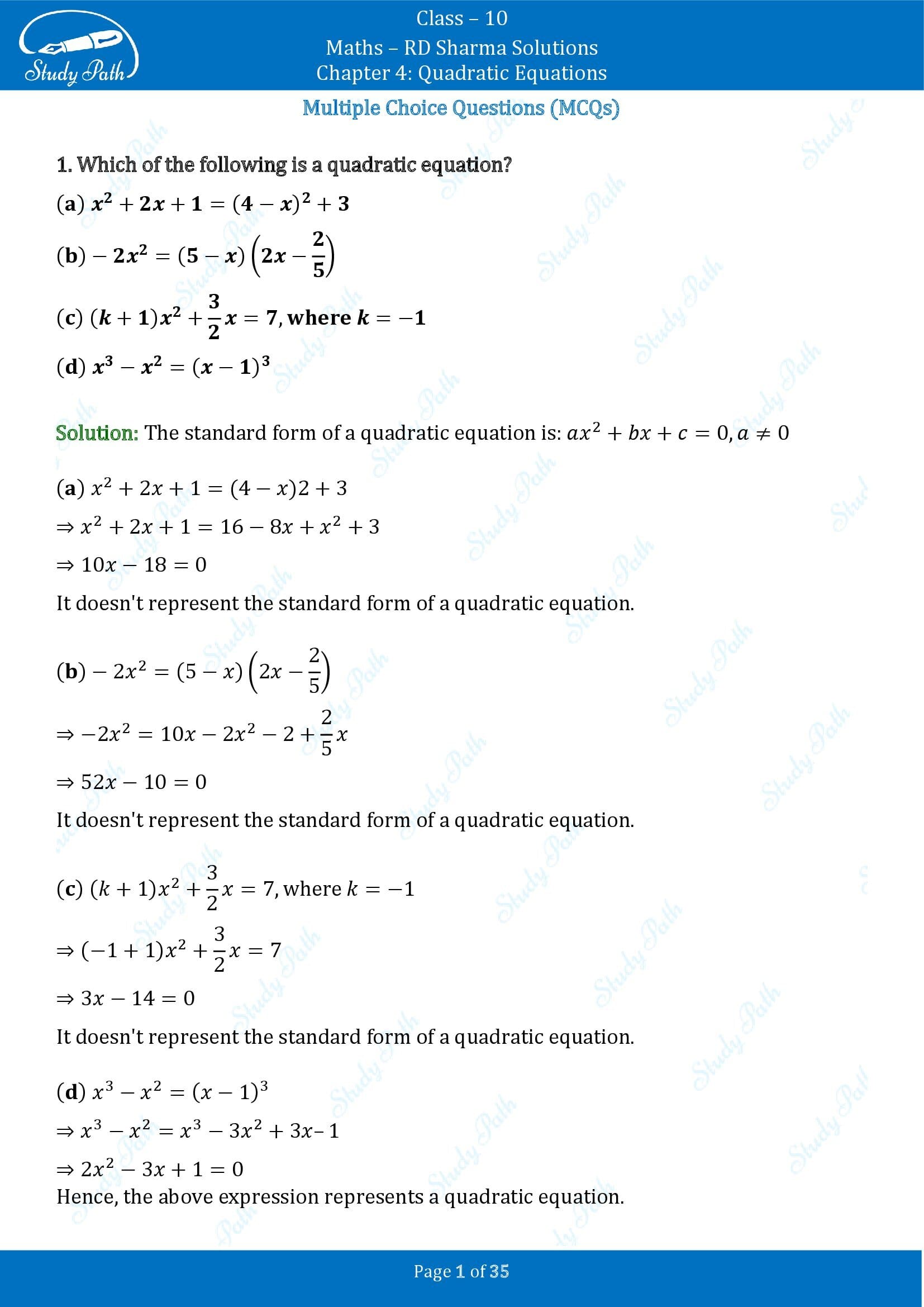 RD Sharma Solutions Class 10 Chapter 4 Quadratic Equations Multiple Choice Questions MCQs 00001