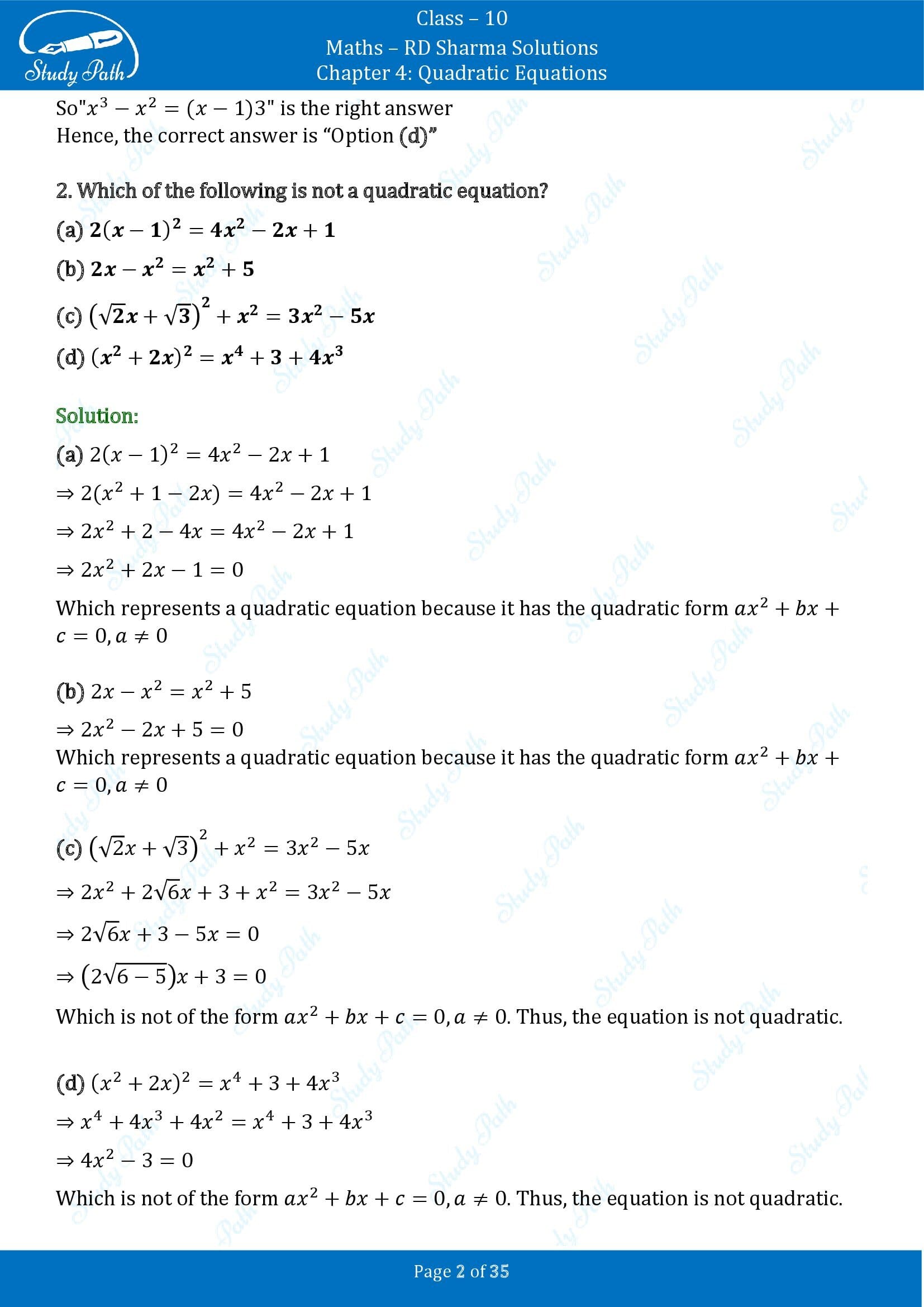 RD Sharma Solutions Class 10 Chapter 4 Quadratic Equations Multiple Choice Questions MCQs 00002