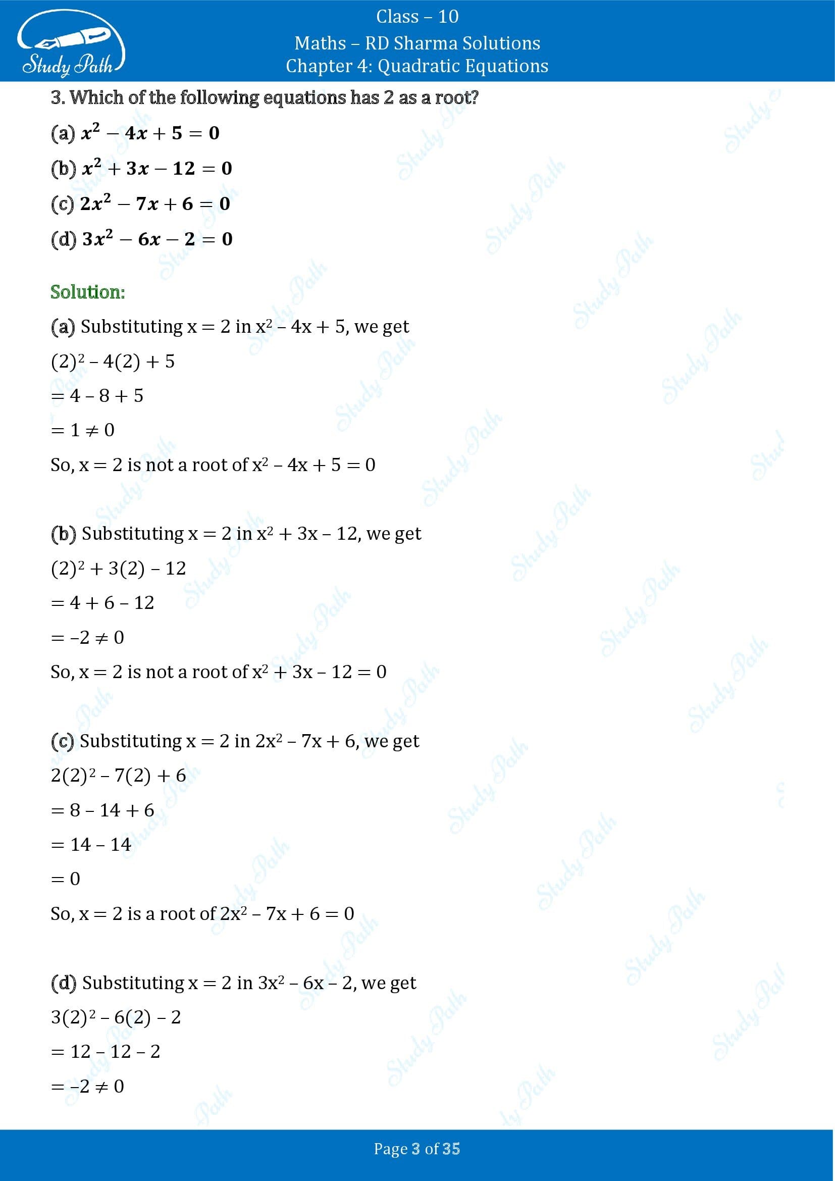 RD Sharma Solutions Class 10 Chapter 4 Quadratic Equations Multiple Choice Questions MCQs 00003