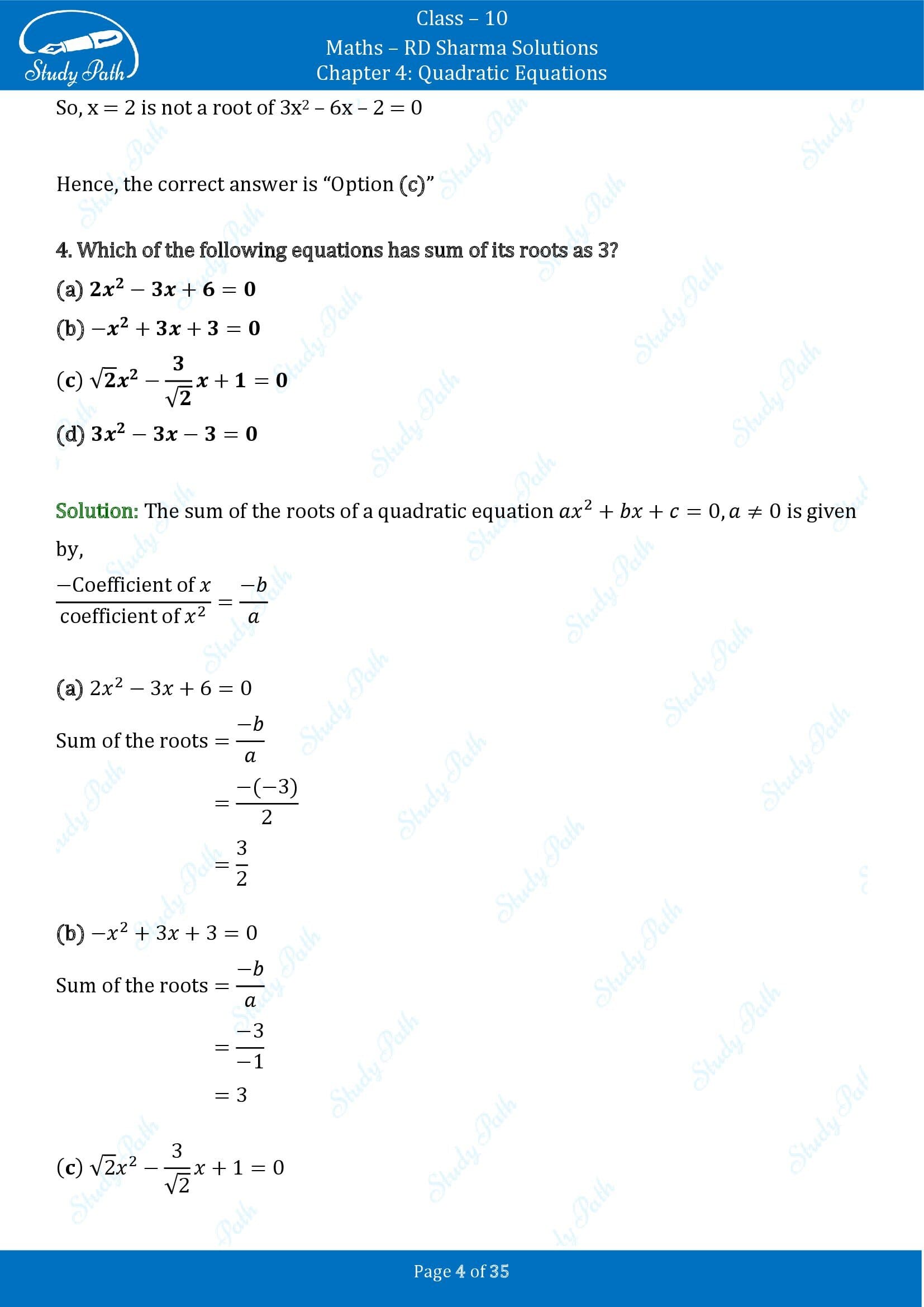 RD Sharma Solutions Class 10 Chapter 4 Quadratic Equations Multiple Choice Questions MCQs 00004