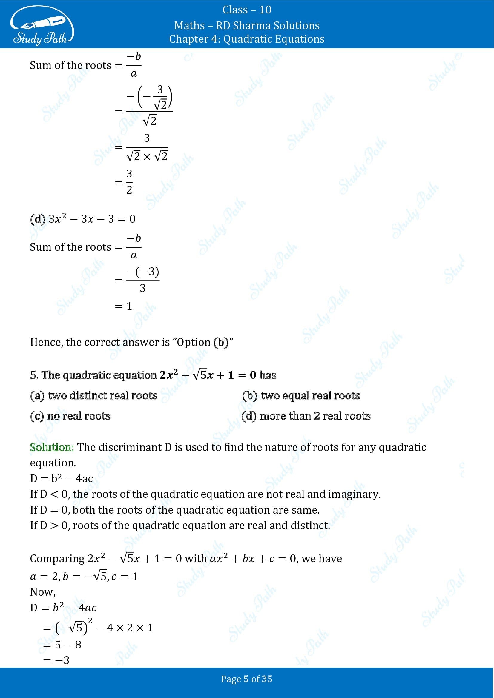 RD Sharma Solutions Class 10 Chapter 4 Quadratic Equations Multiple Choice Questions MCQs 00005