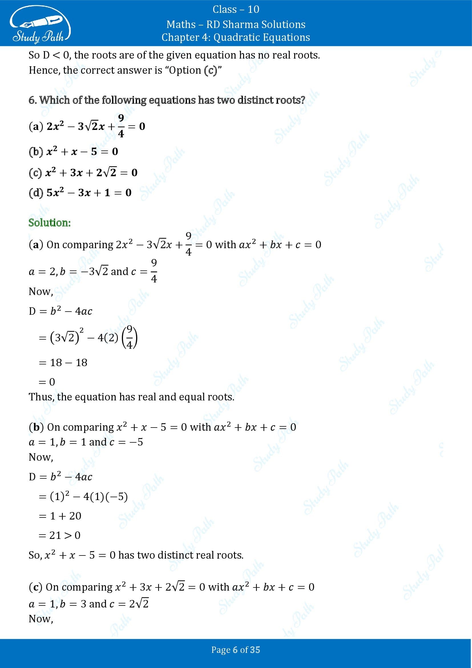 RD Sharma Solutions Class 10 Chapter 4 Quadratic Equations Multiple Choice Questions MCQs 00006