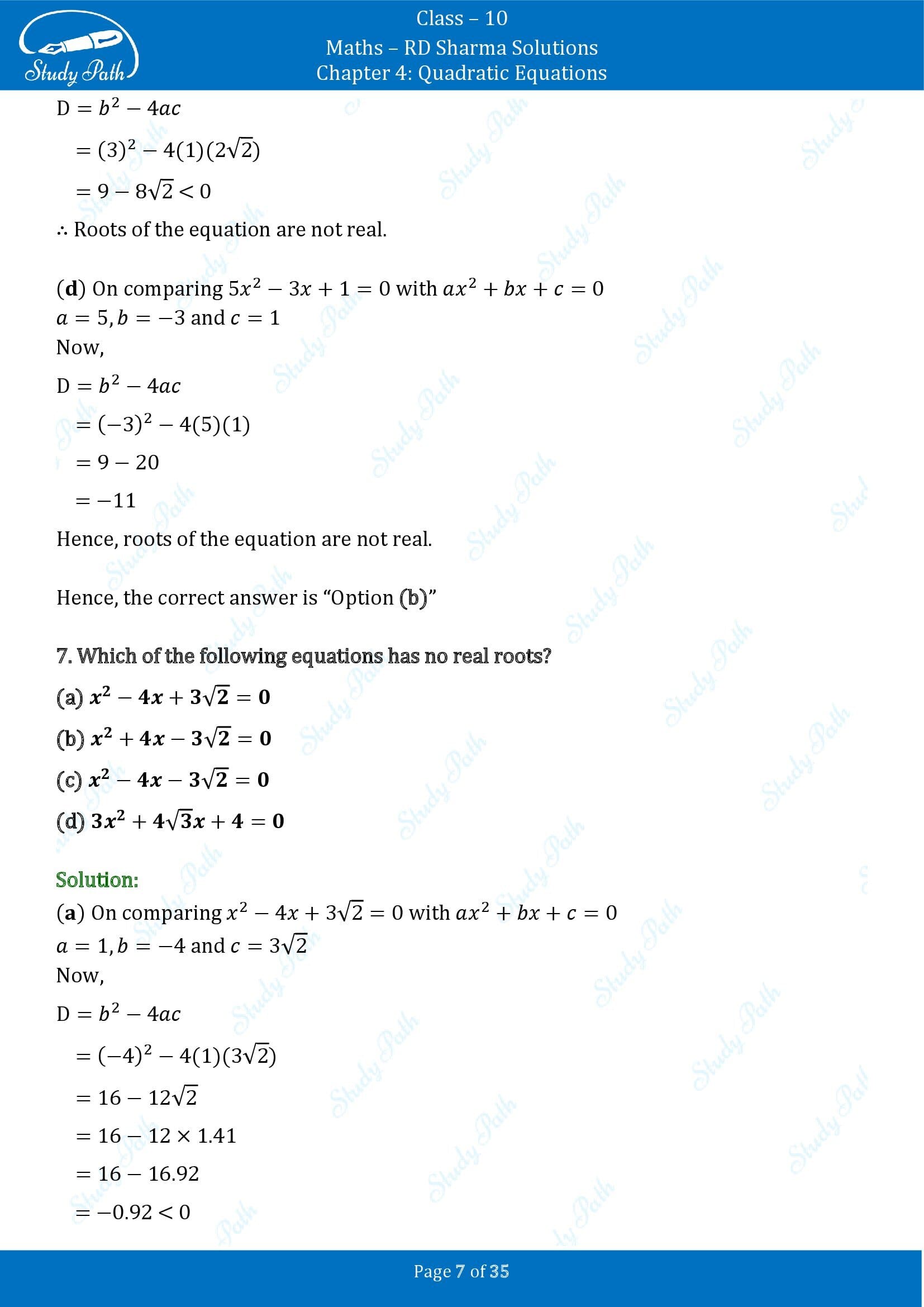 RD Sharma Solutions Class 10 Chapter 4 Quadratic Equations Multiple Choice Questions MCQs 00007