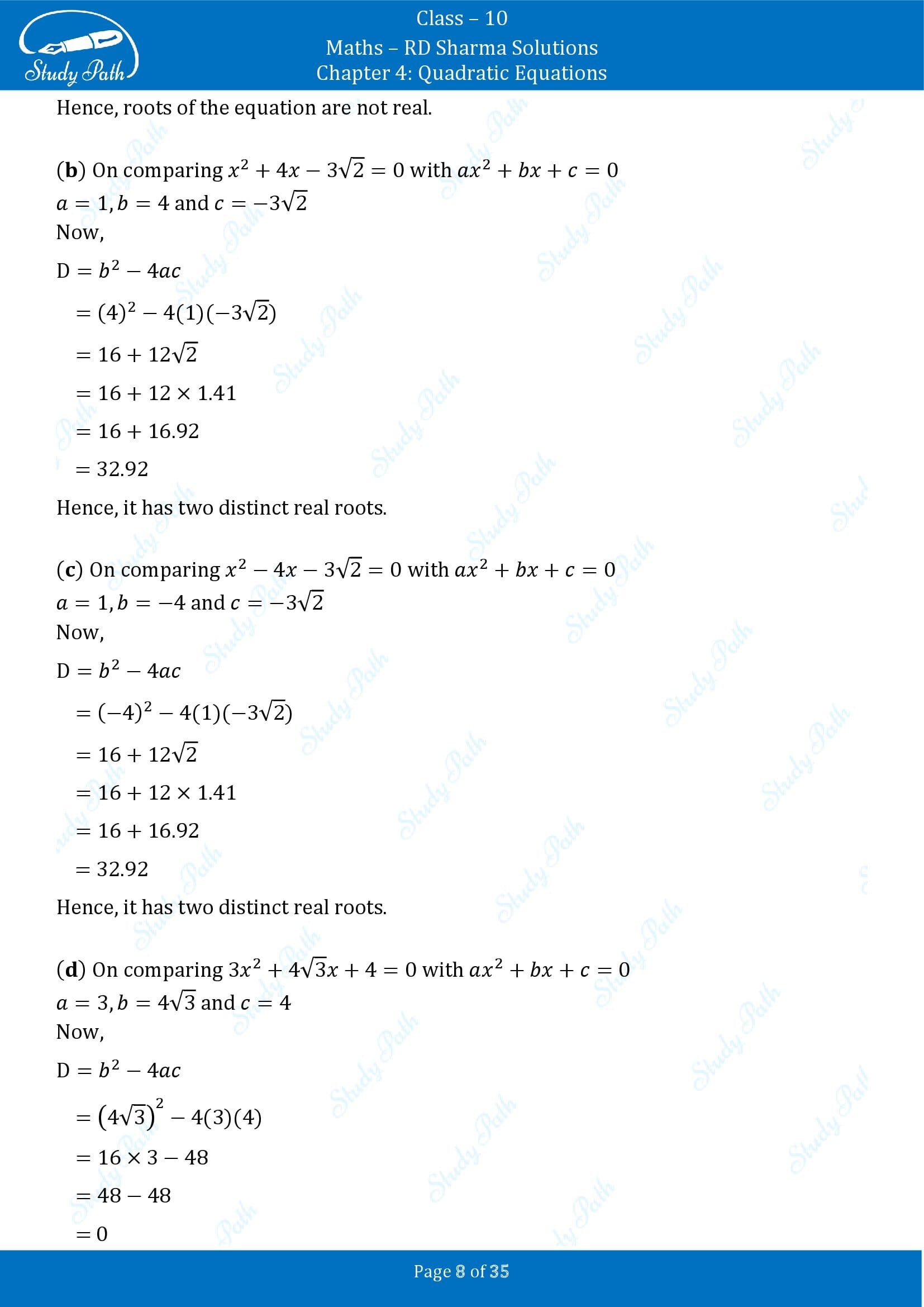 RD Sharma Solutions Class 10 Chapter 4 Quadratic Equations Multiple Choice Questions MCQs 00008