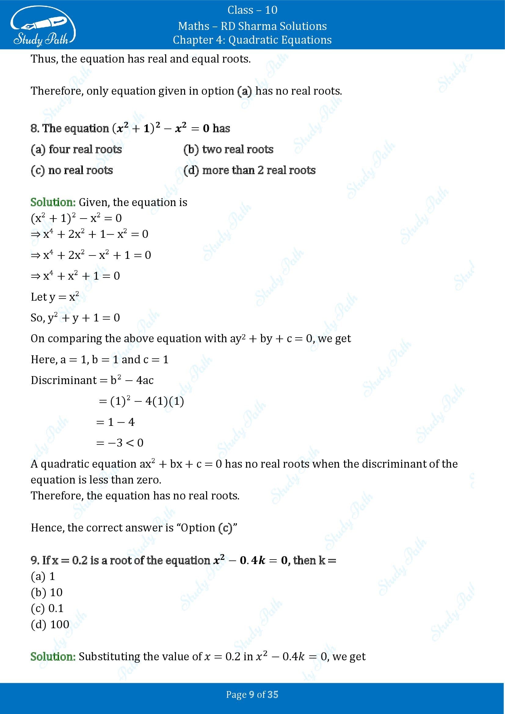 RD Sharma Solutions Class 10 Chapter 4 Quadratic Equations Multiple Choice Questions MCQs 00009