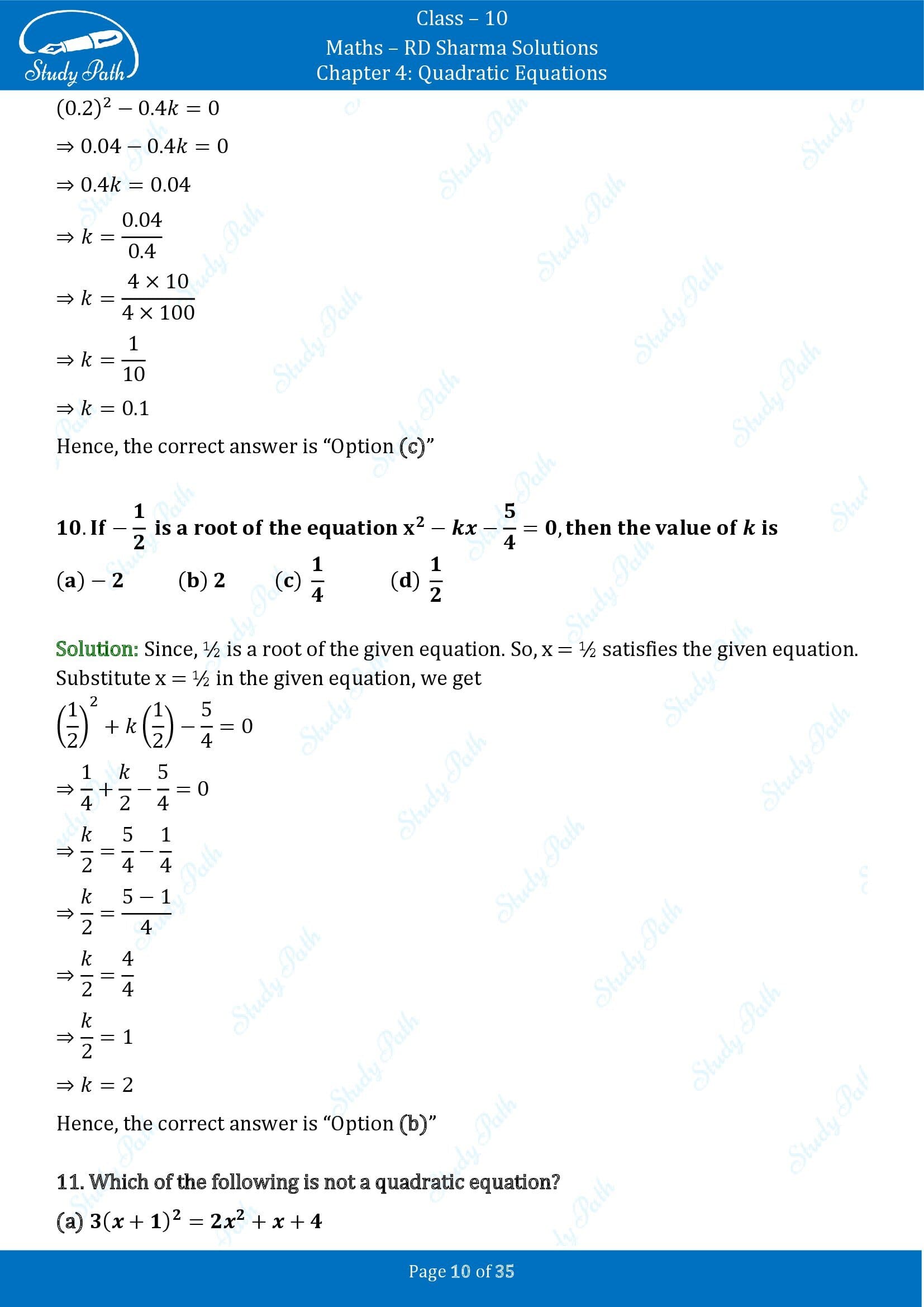 RD Sharma Solutions Class 10 Chapter 4 Quadratic Equations Multiple Choice Questions MCQs 00010