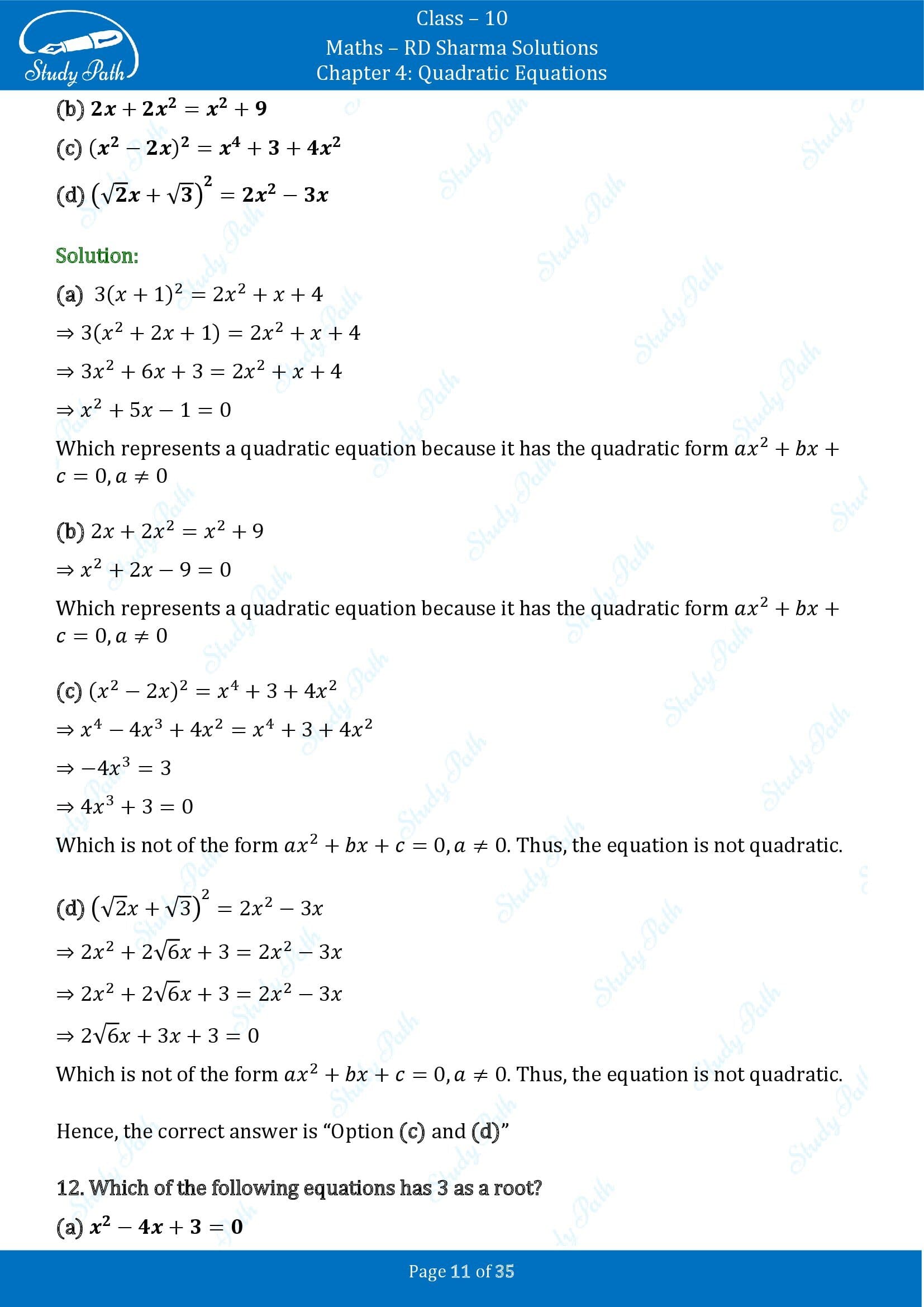 RD Sharma Solutions Class 10 Chapter 4 Quadratic Equations Multiple Choice Questions MCQs 00011