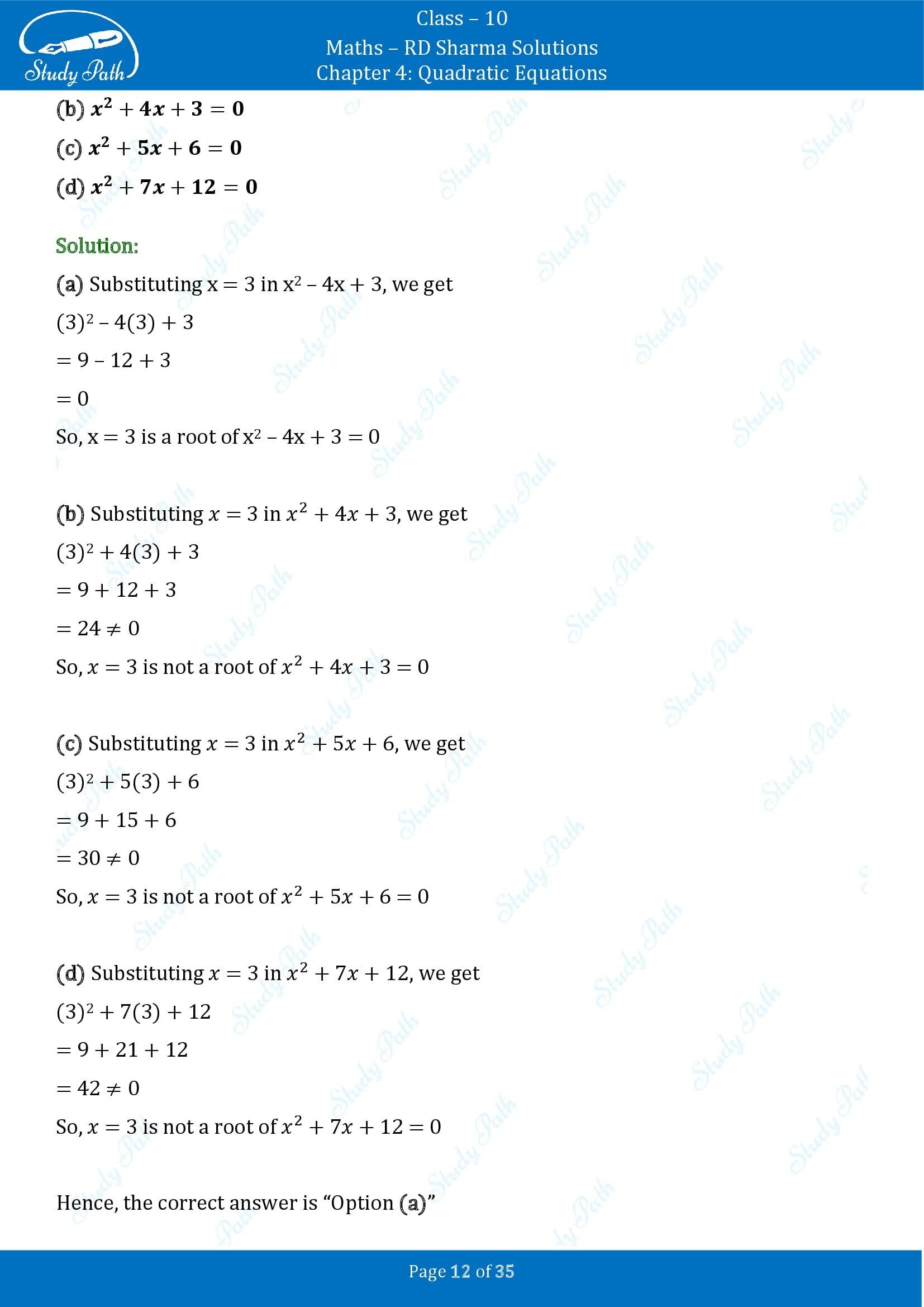 RD Sharma Solutions Class 10 Chapter 4 Quadratic Equations Multiple Choice Questions MCQs 00012