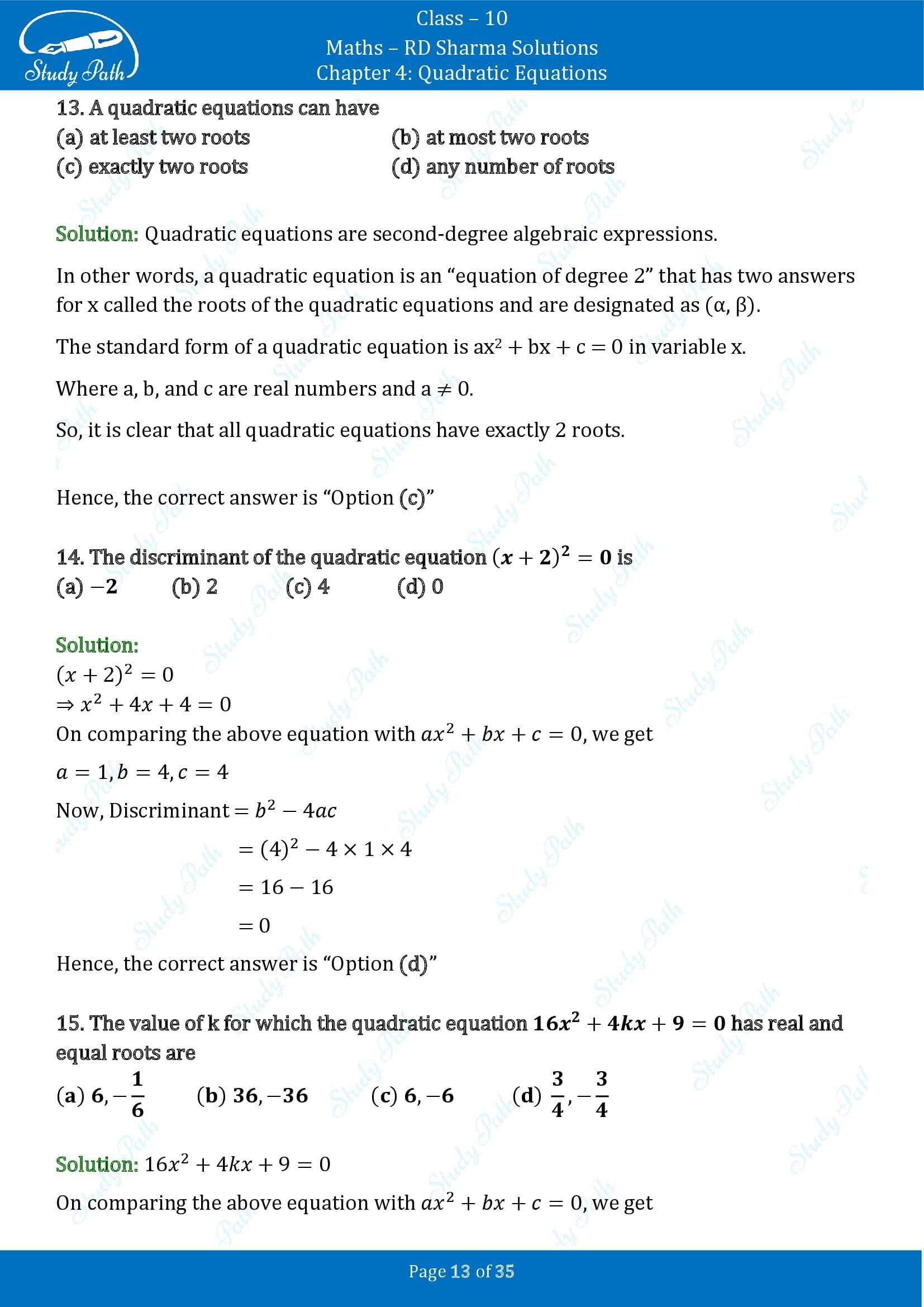 RD Sharma Solutions Class 10 Chapter 4 Quadratic Equations Multiple Choice Questions MCQs 00013