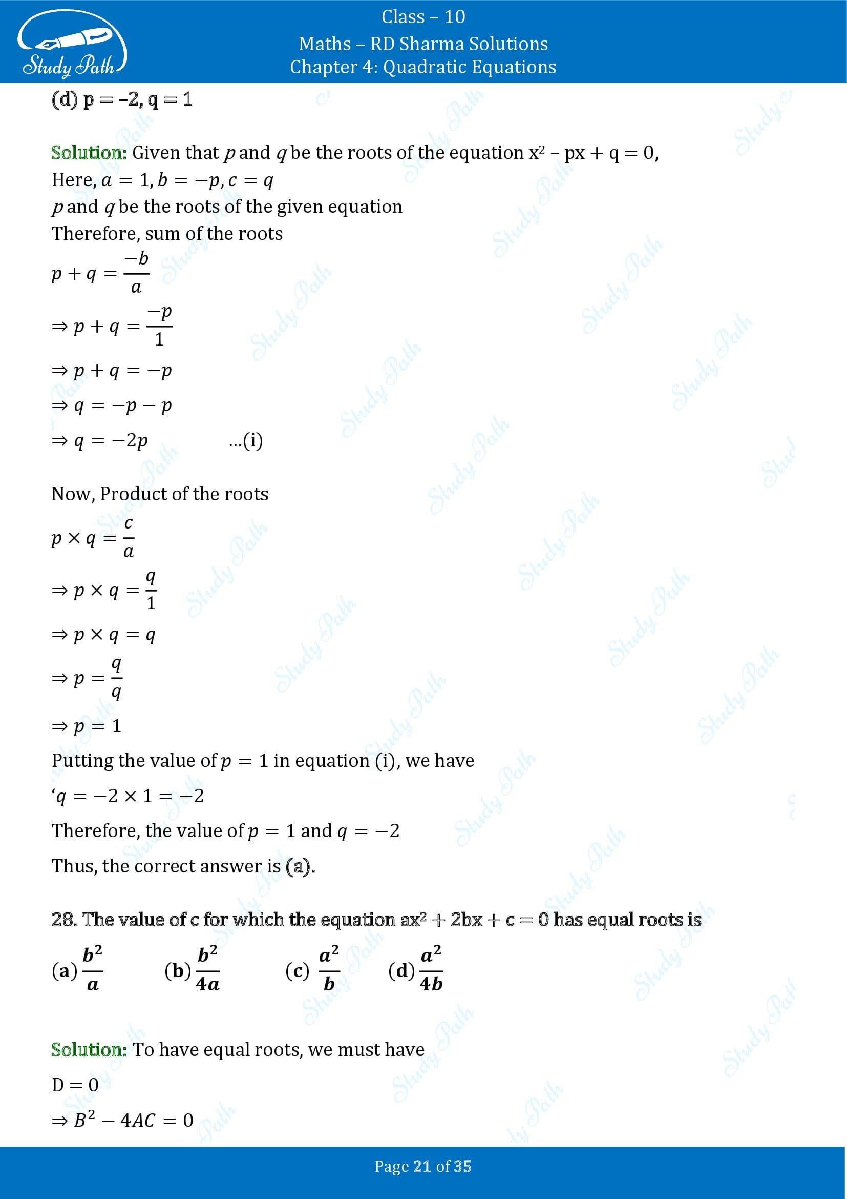 RD Sharma Solutions Class 10 Chapter 4 Quadratic Equations Multiple Choice Questions MCQs 00021