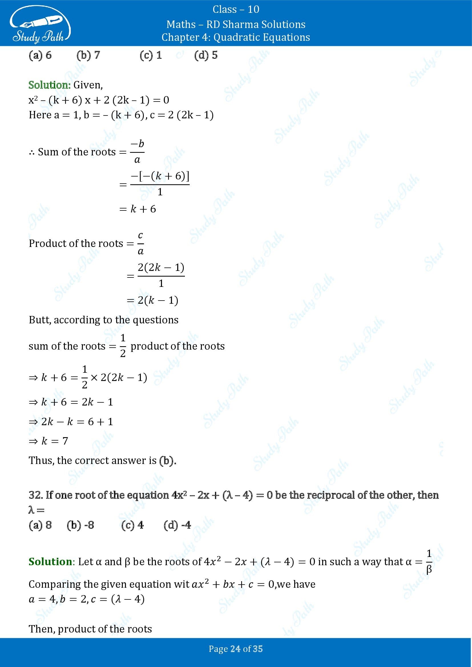 RD Sharma Solutions Class 10 Chapter 4 Quadratic Equations Multiple Choice Questions MCQs 00024