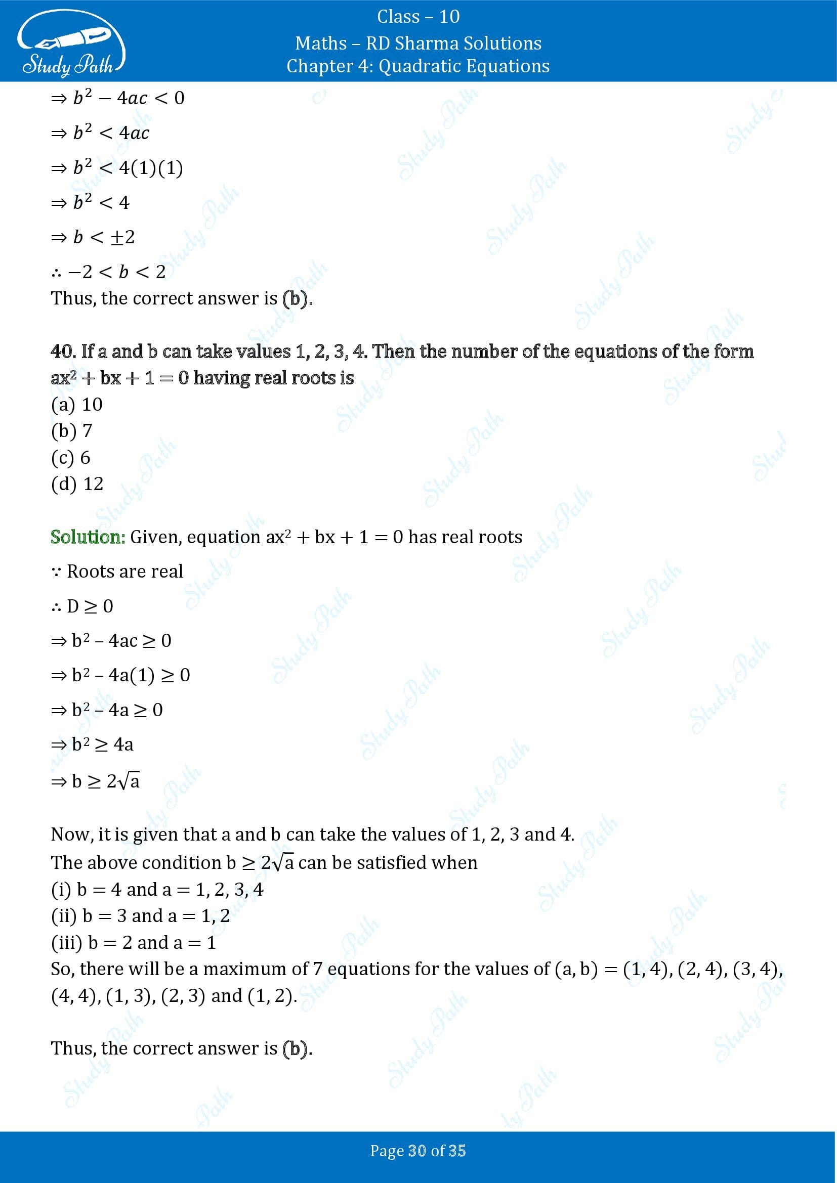 RD Sharma Solutions Class 10 Chapter 4 Quadratic Equations Multiple Choice Questions MCQs 00030