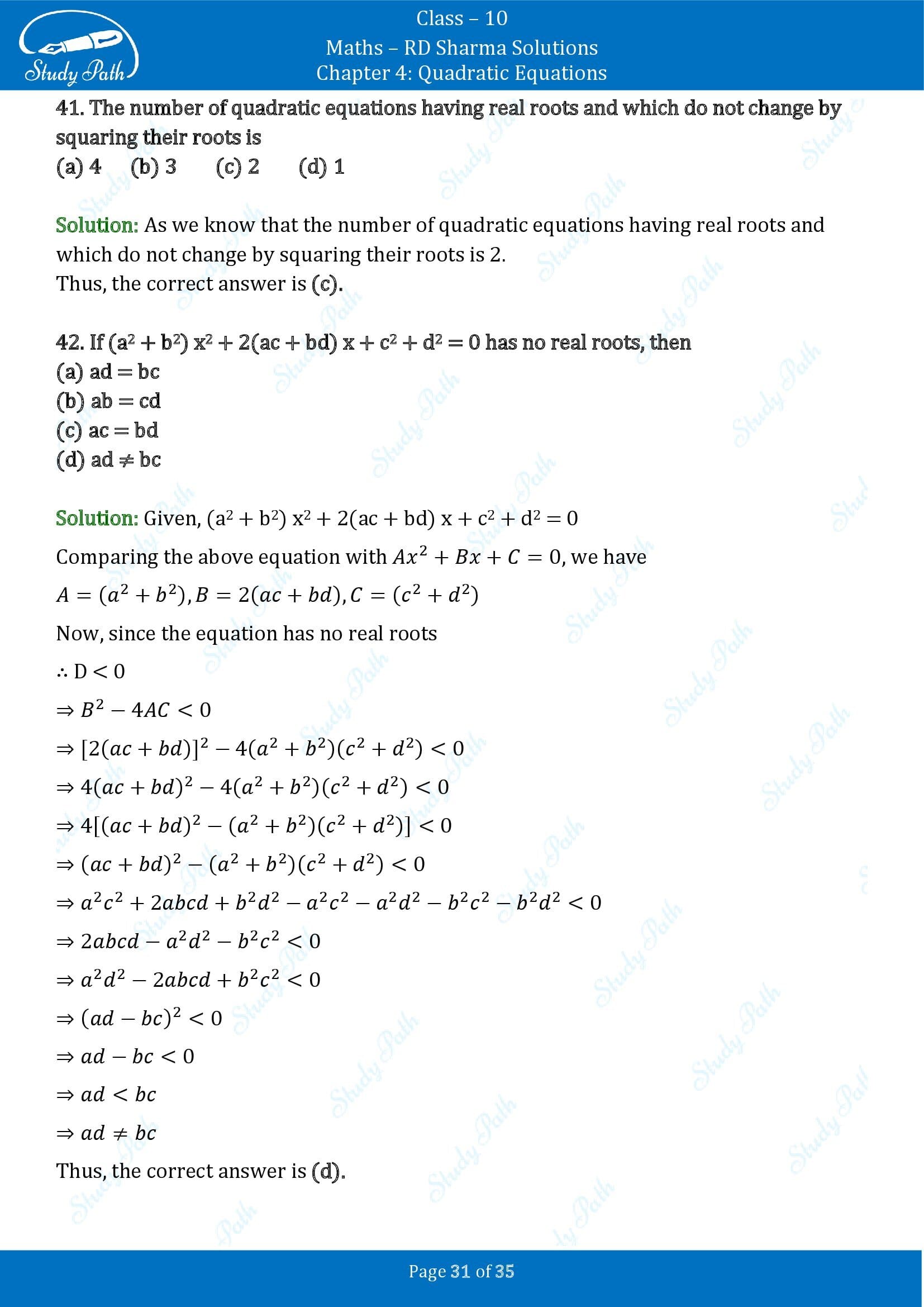 RD Sharma Solutions Class 10 Chapter 4 Quadratic Equations Multiple Choice Questions MCQs 00031