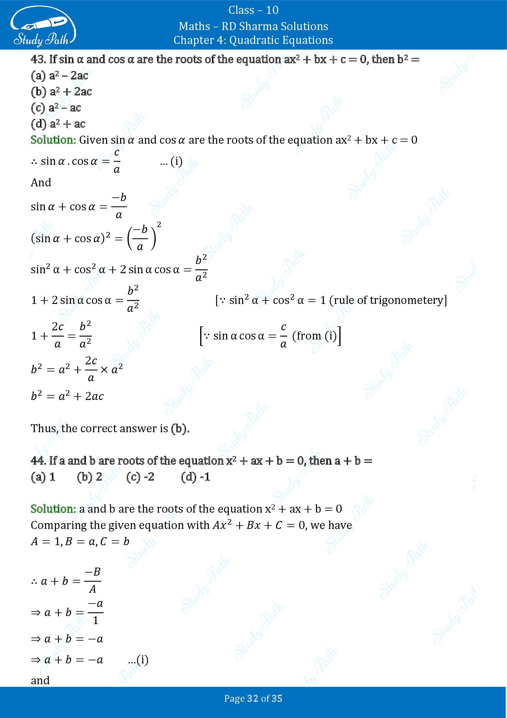 RD Sharma Solutions Class 10 Chapter 4 Quadratic Equations Multiple Choice Questions MCQs 00032