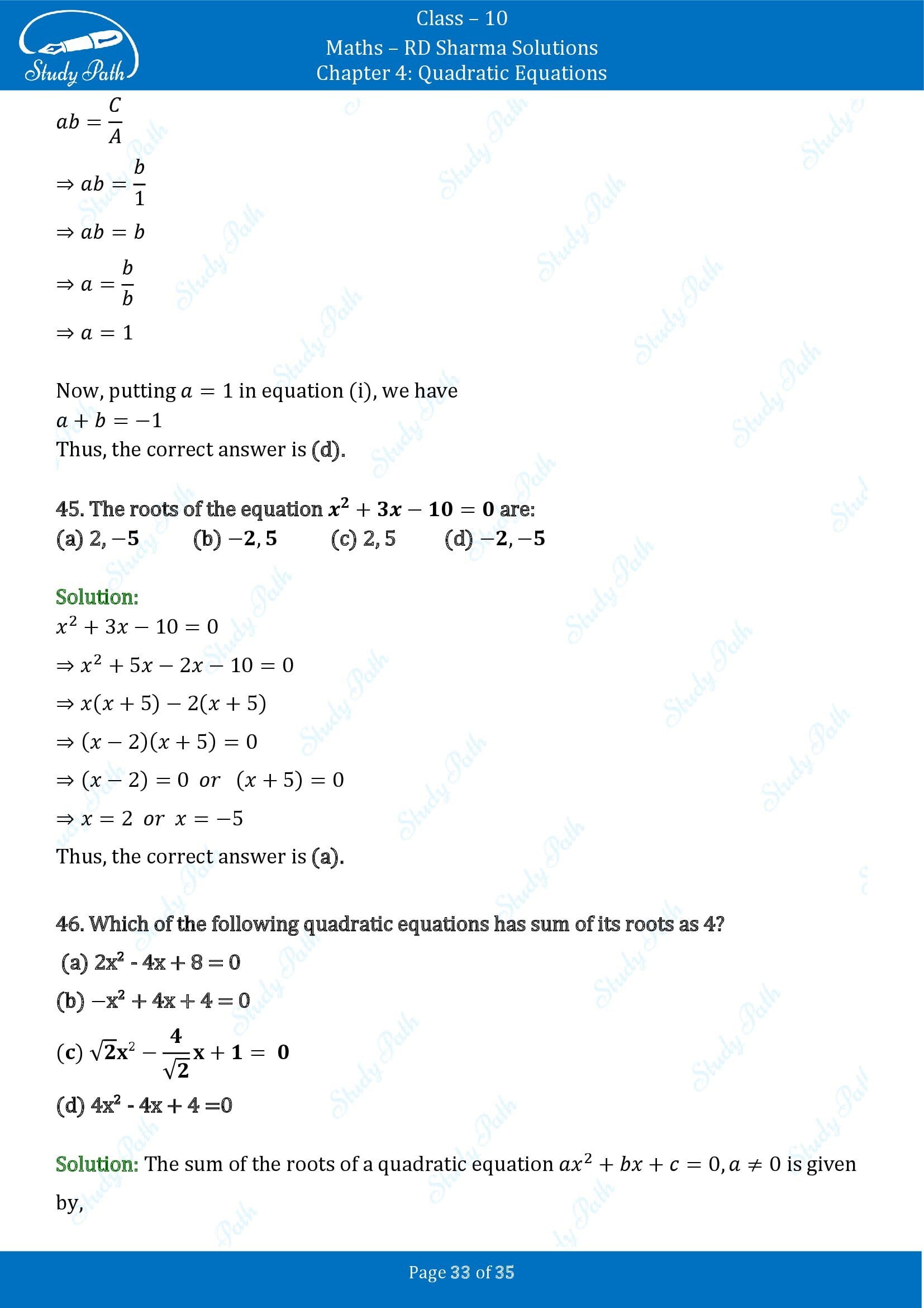 RD Sharma Solutions Class 10 Chapter 4 Quadratic Equations Multiple Choice Questions MCQs 00033