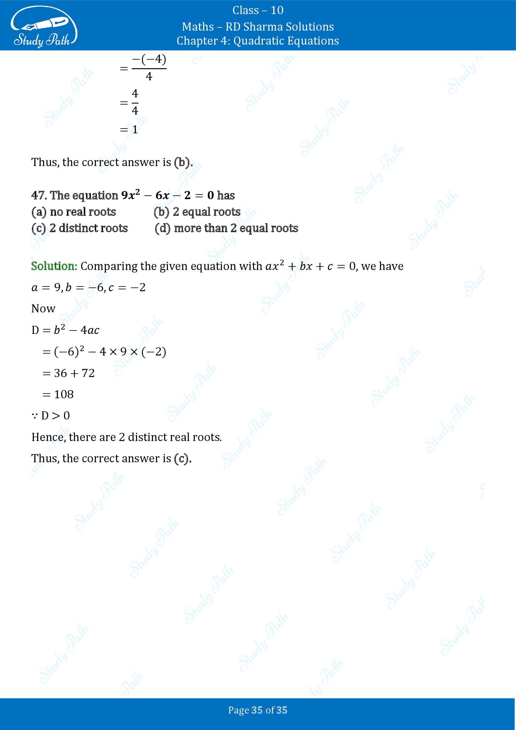 RD Sharma Solutions Class 10 Chapter 4 Quadratic Equations Multiple Choice Questions MCQs 00035