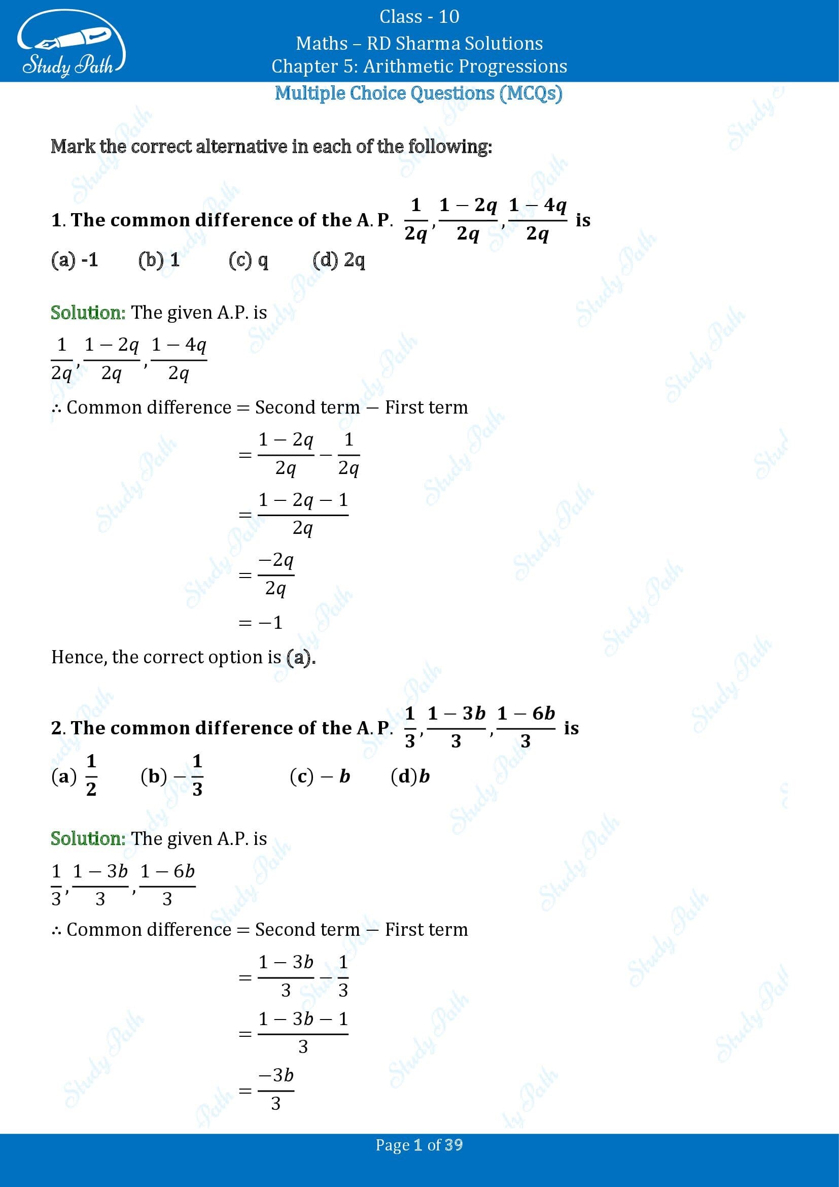 RD Sharma Solutions Class 10 Chapter 5 Arithmetic Progressions Multiple Choice Questions MCQs 00001