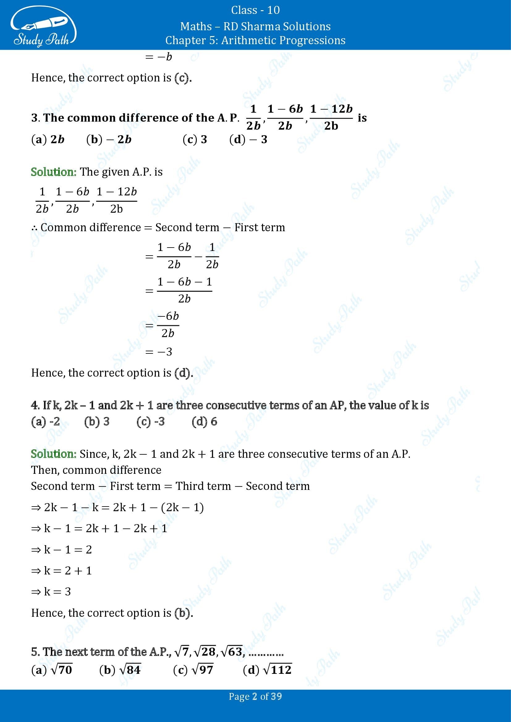 RD Sharma Solutions Class 10 Chapter 5 Arithmetic Progressions Multiple Choice Questions MCQs 00002