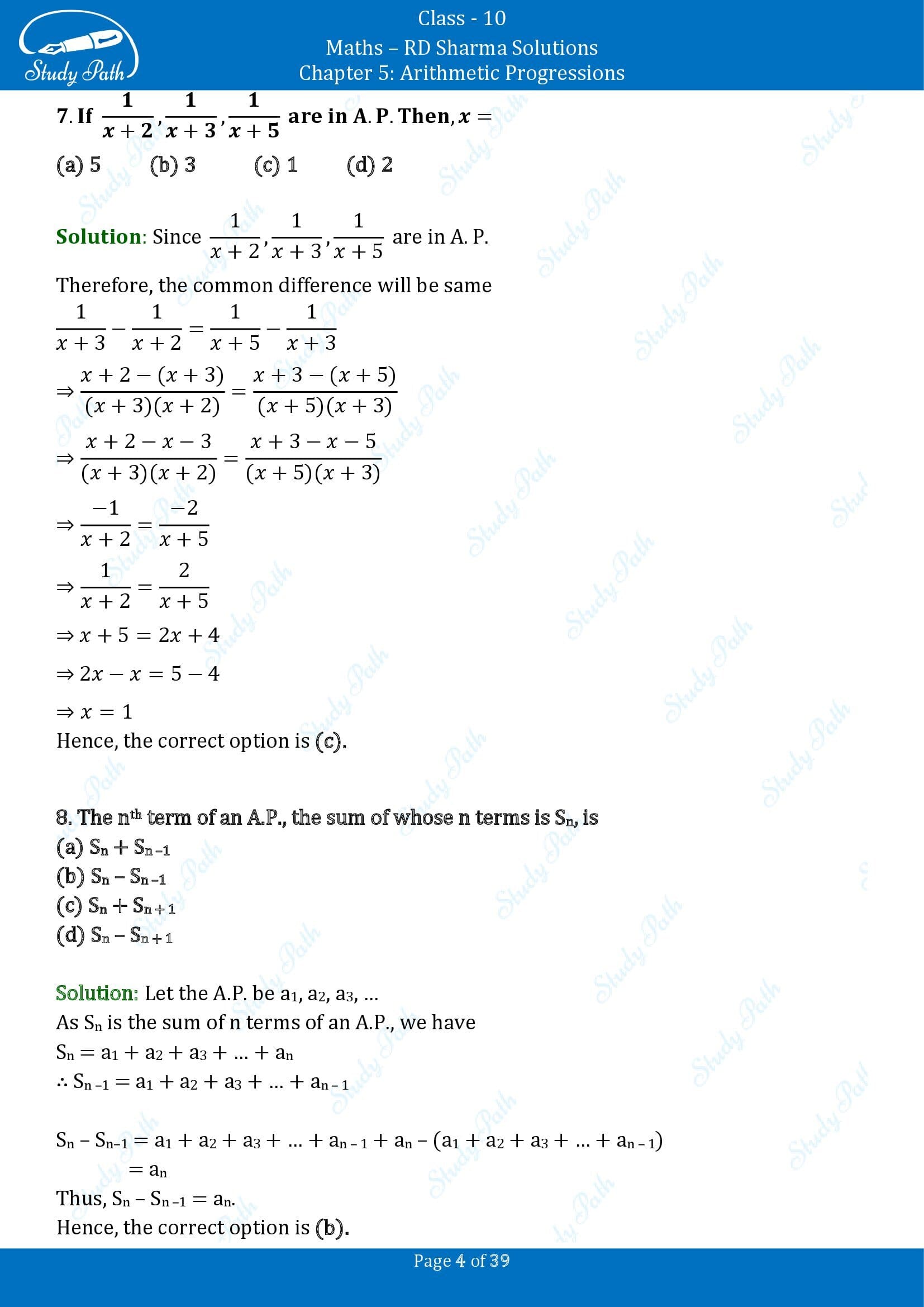 RD Sharma Solutions Class 10 Chapter 5 Arithmetic Progressions Multiple Choice Questions MCQs 00004