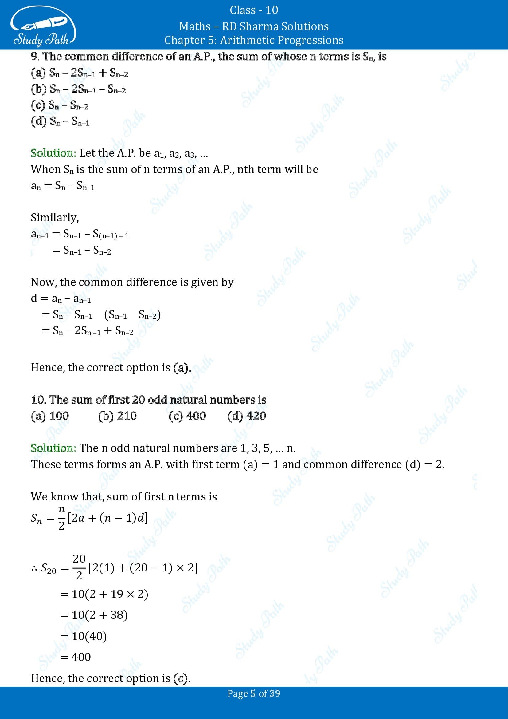 RD Sharma Solutions Class 10 Chapter 5 Arithmetic Progressions Multiple Choice Questions MCQs 00005