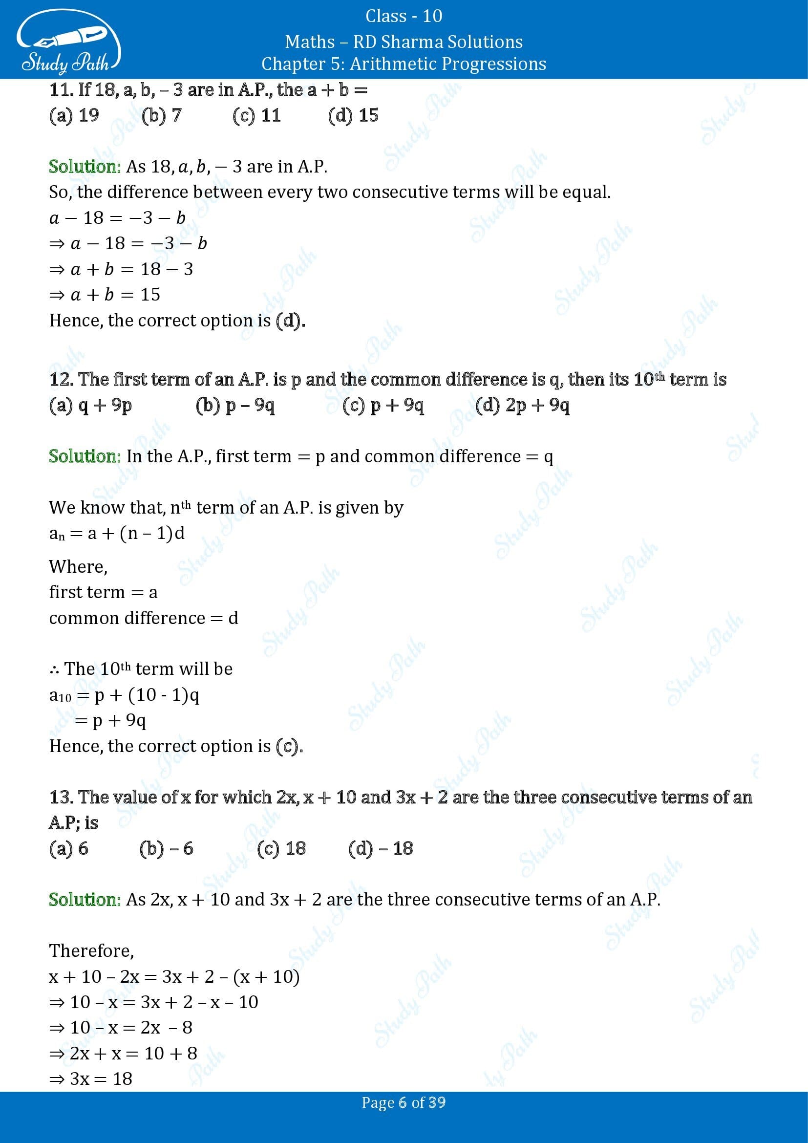 RD Sharma Solutions Class 10 Chapter 5 Arithmetic Progressions Multiple Choice Questions MCQs 00006